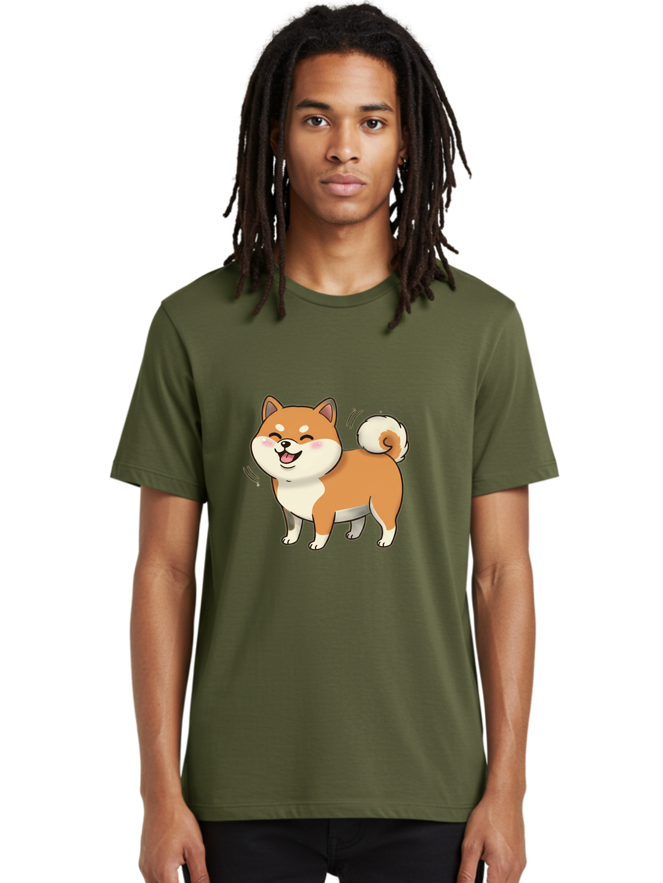 Shiba-Inu Men'S Graphic Tee, 100% Cotton, Comfortable Casual Summer Wear, Machine Washable, Shiba Inu, Cartoon Dog, Happy Dog, Playful Canine, Dog Animation, Adorable Pet, Kawaii Animal, Dog Illustration, Cute Puppy Bac402