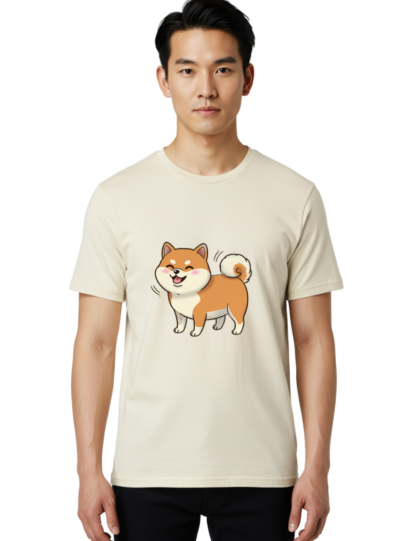 Shiba-Inu Men'S Graphic Tee, 100% Cotton, Comfortable Casual Summer Wear, Machine Washable, Shiba Inu, Cartoon Dog, Happy Dog, Playful Canine, Dog Animation, Adorable Pet, Kawaii Animal, Dog Illustration, Cute Puppy Bac402