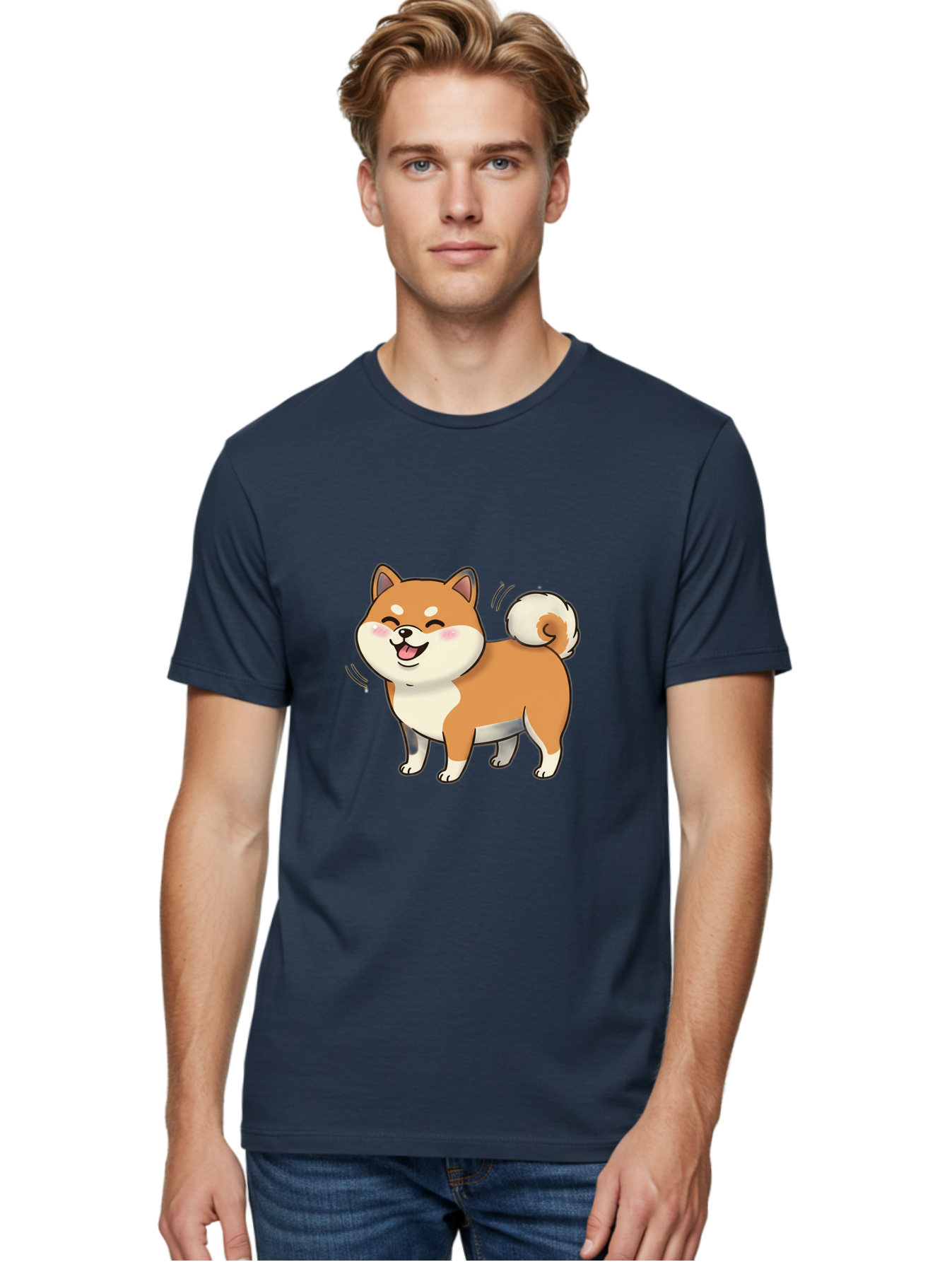 Shiba-Inu Men'S Graphic Tee, 100% Cotton, Comfortable Casual Summer Wear, Machine Washable, Shiba Inu, Cartoon Dog, Happy Dog, Playful Canine, Dog Animation, Adorable Pet, Kawaii Animal, Dog Illustration, Cute Puppy Bac402