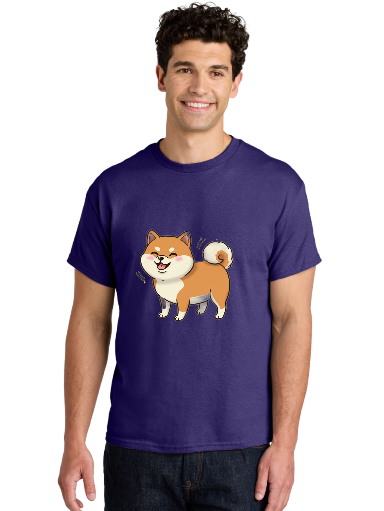 Shiba-Inu Men'S Graphic Tee, 100% Cotton, Comfortable Casual Summer Wear, Machine Washable, Shiba Inu, Cartoon Dog, Happy Dog, Playful Canine, Dog Animation, Adorable Pet, Kawaii Animal, Dog Illustration, Cute Puppy Bac402