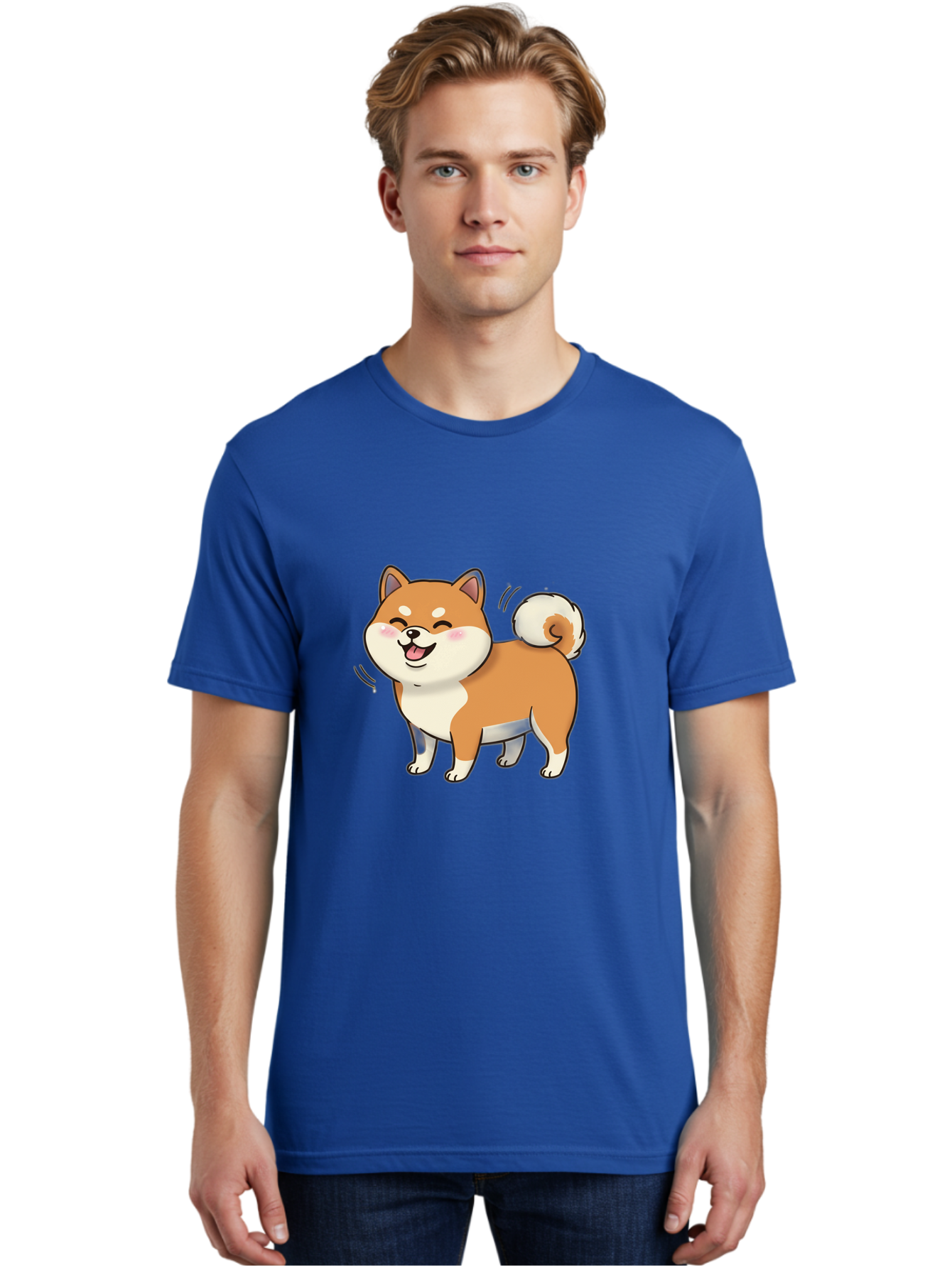 Shiba-Inu Men'S Graphic Tee, 100% Cotton, Comfortable Casual Summer Wear, Machine Washable, Shiba Inu, Cartoon Dog, Happy Dog, Playful Canine, Dog Animation, Adorable Pet, Kawaii Animal, Dog Illustration, Cute Puppy Bac402