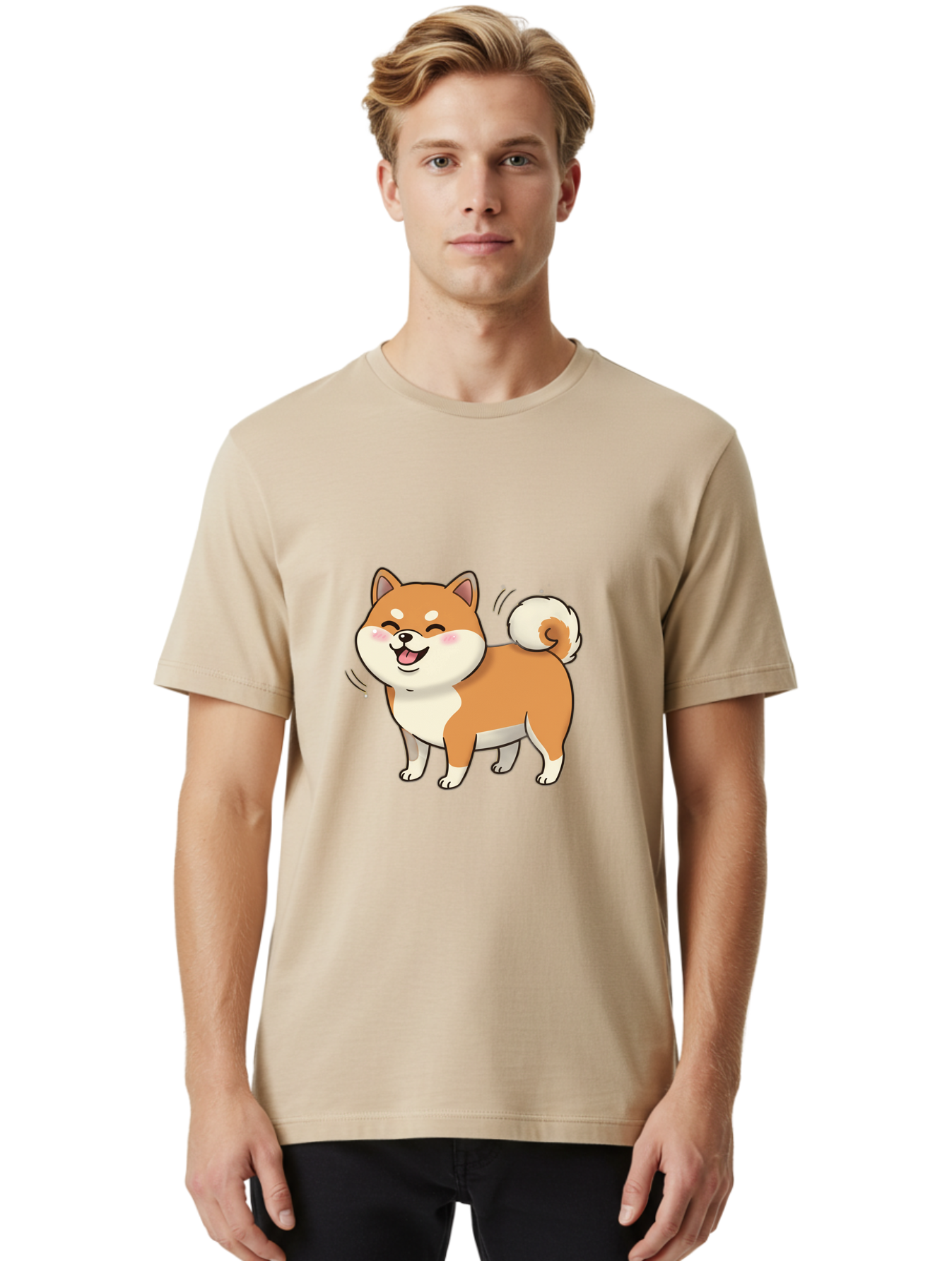 Shiba-Inu Men'S Graphic Tee, 100% Cotton, Comfortable Casual Summer Wear, Machine Washable, Shiba Inu, Cartoon Dog, Happy Dog, Playful Canine, Dog Animation, Adorable Pet, Kawaii Animal, Dog Illustration, Cute Puppy Bac402