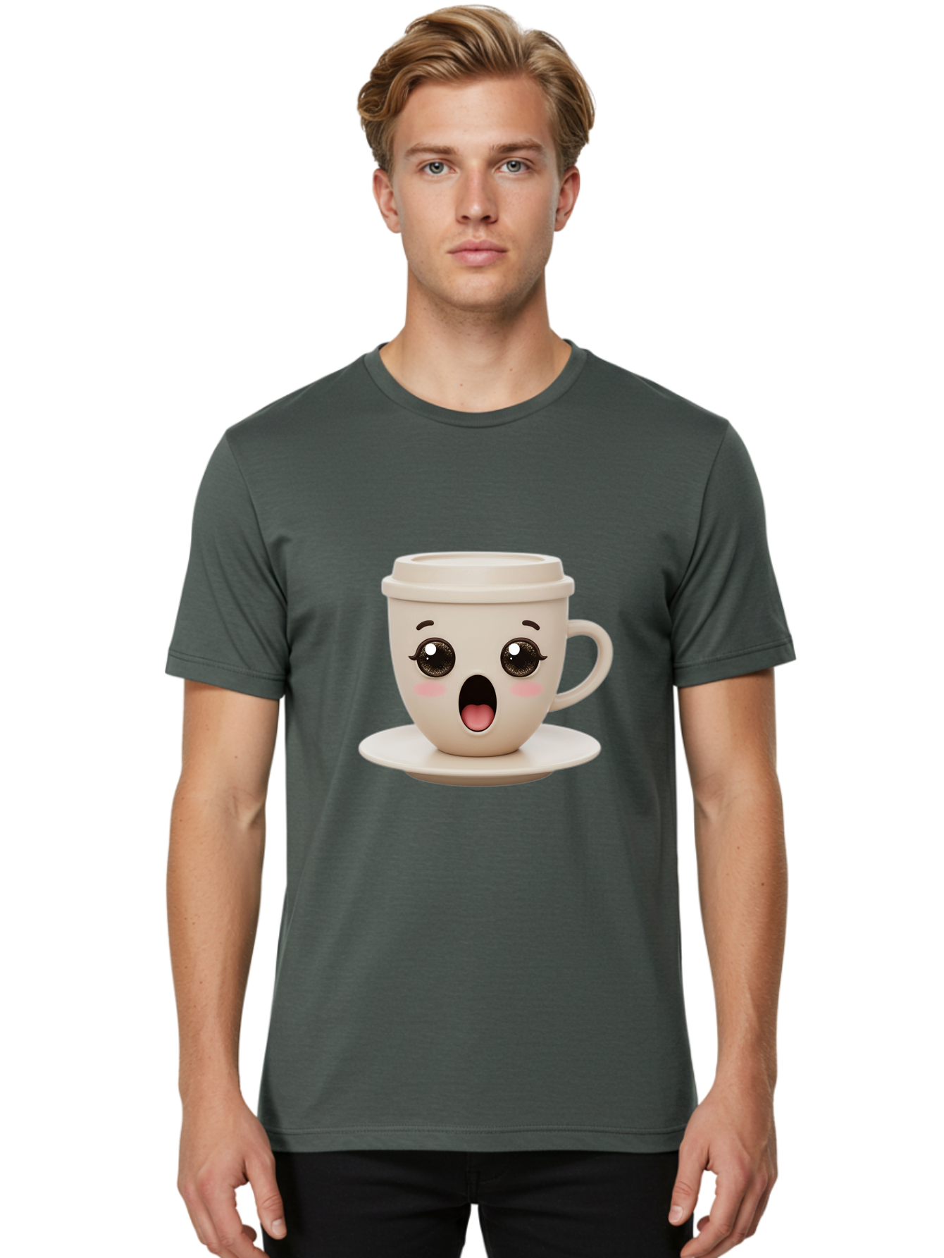Shocked-Coffee-Cup Men'S Graphic Tee, 100% Cotton, Comfortable Casual Summer Wear, Machine Washable, Fun Coffee Cup, Surprised Expression, Coffee Break, Morning Pick-Me-Up, Kawaii Culture, Cute Face, Coffee Time, Coffee Lover Bac404