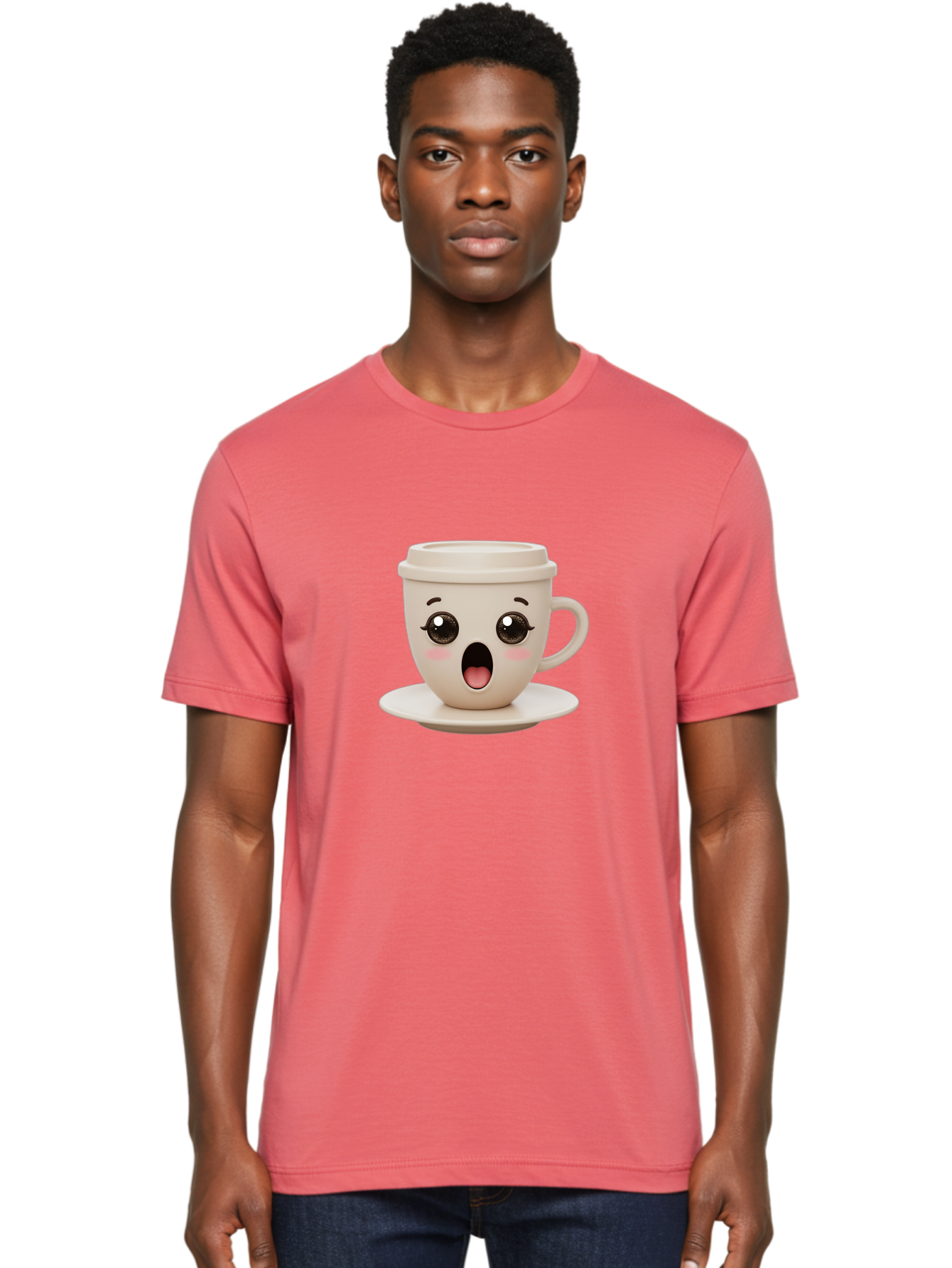 Shocked-Coffee-Cup Men'S Graphic Tee, 100% Cotton, Comfortable Casual Summer Wear, Machine Washable, Fun Coffee Cup, Surprised Expression, Coffee Break, Morning Pick-Me-Up, Kawaii Culture, Cute Face, Coffee Time, Coffee Lover Bac404