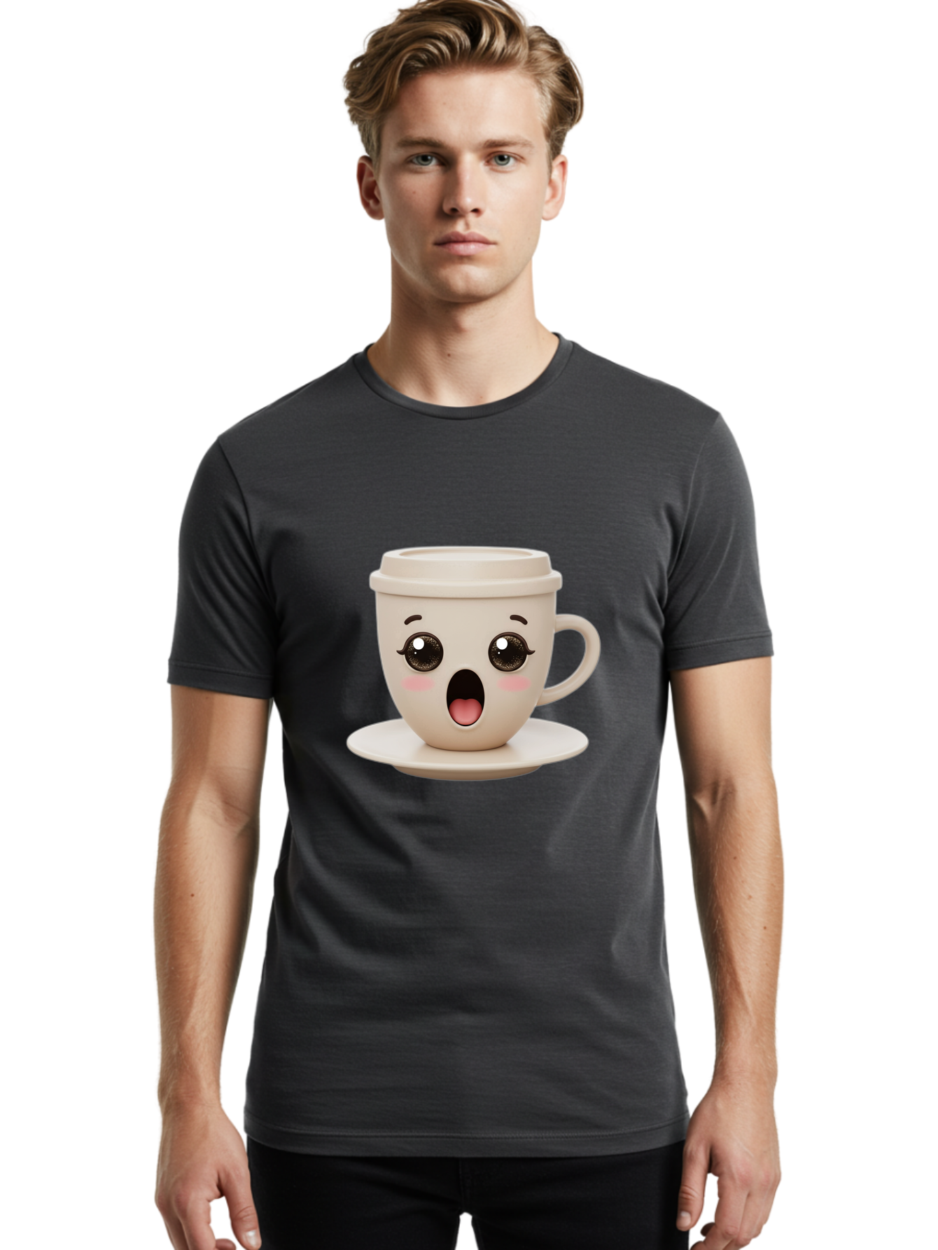 Shocked-Coffee-Cup Men'S Graphic Tee, 100% Cotton, Comfortable Casual Summer Wear, Machine Washable, Fun Coffee Cup, Surprised Expression, Coffee Break, Morning Pick-Me-Up, Kawaii Culture, Cute Face, Coffee Time, Coffee Lover Bac404