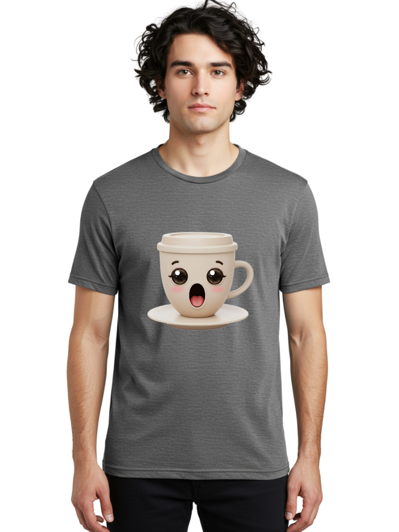 Shocked-Coffee-Cup Men'S Graphic Tee, 100% Cotton, Comfortable Casual Summer Wear, Machine Washable, Fun Coffee Cup, Surprised Expression, Coffee Break, Morning Pick-Me-Up, Kawaii Culture, Cute Face, Coffee Time, Coffee Lover Bac404