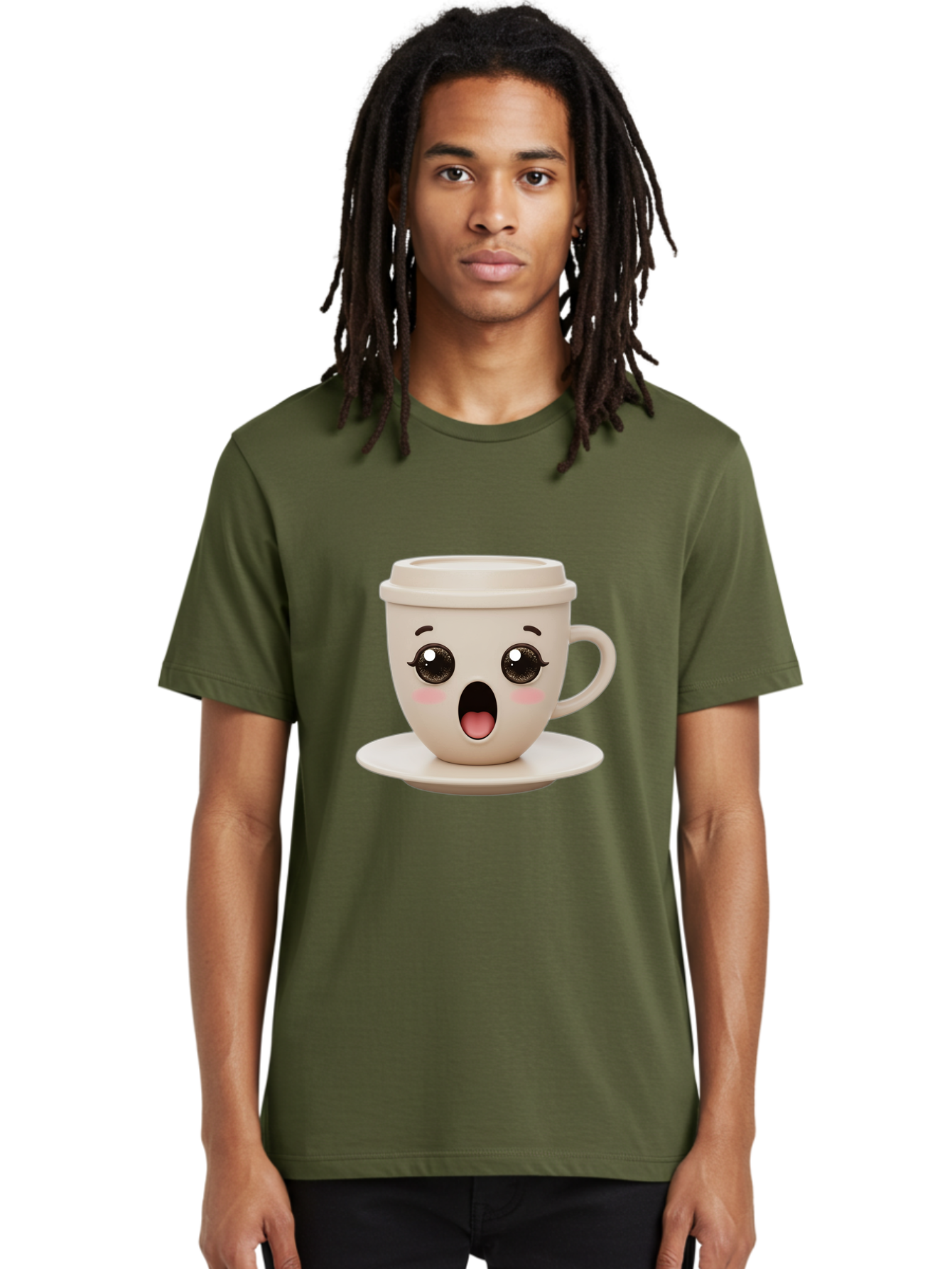 Shocked-Coffee-Cup Men'S Graphic Tee, 100% Cotton, Comfortable Casual Summer Wear, Machine Washable, Fun Coffee Cup, Surprised Expression, Coffee Break, Morning Pick-Me-Up, Kawaii Culture, Cute Face, Coffee Time, Coffee Lover Bac404