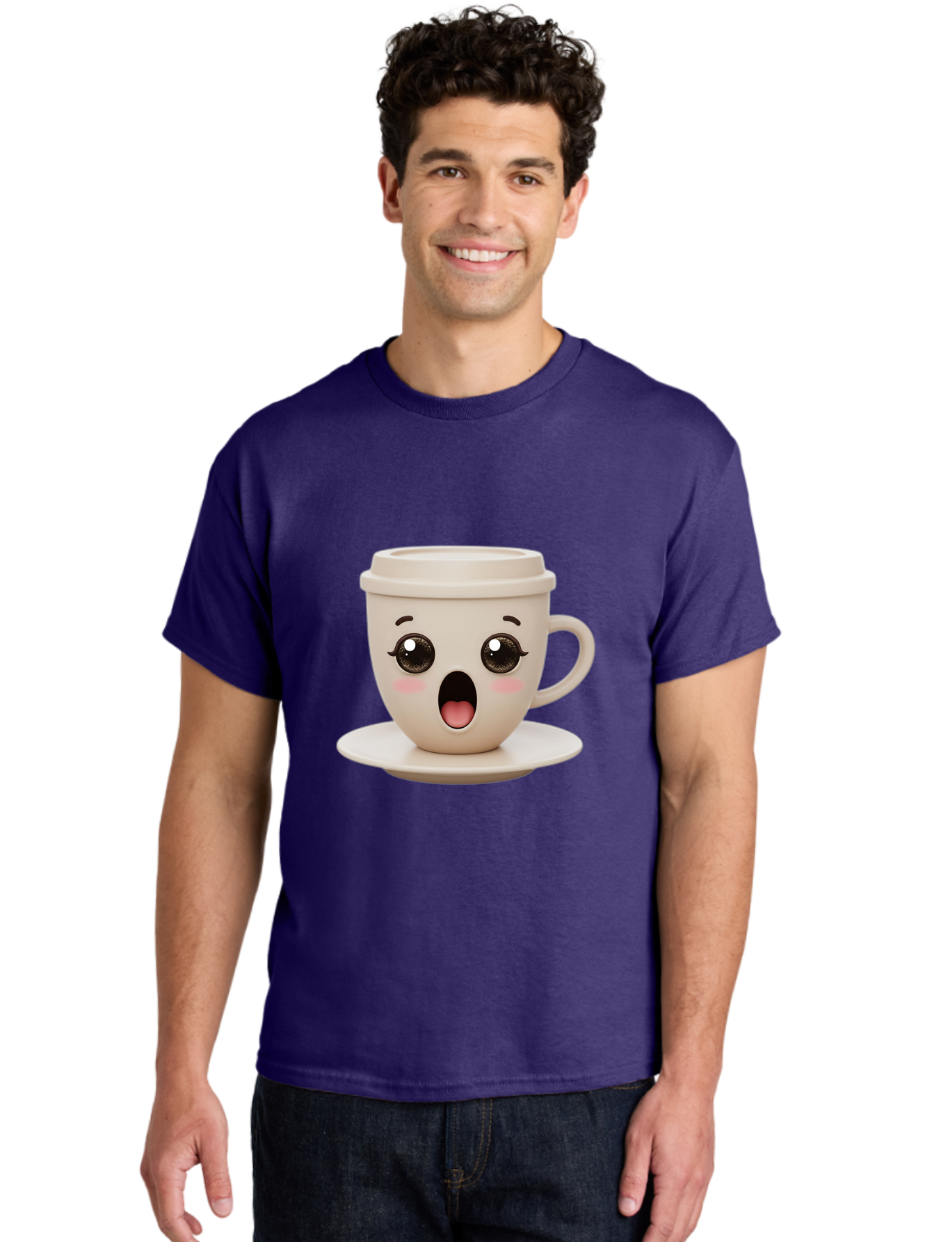 Shocked-Coffee-Cup Men'S Graphic Tee, 100% Cotton, Comfortable Casual Summer Wear, Machine Washable, Fun Coffee Cup, Surprised Expression, Coffee Break, Morning Pick-Me-Up, Kawaii Culture, Cute Face, Coffee Time, Coffee Lover Bac404