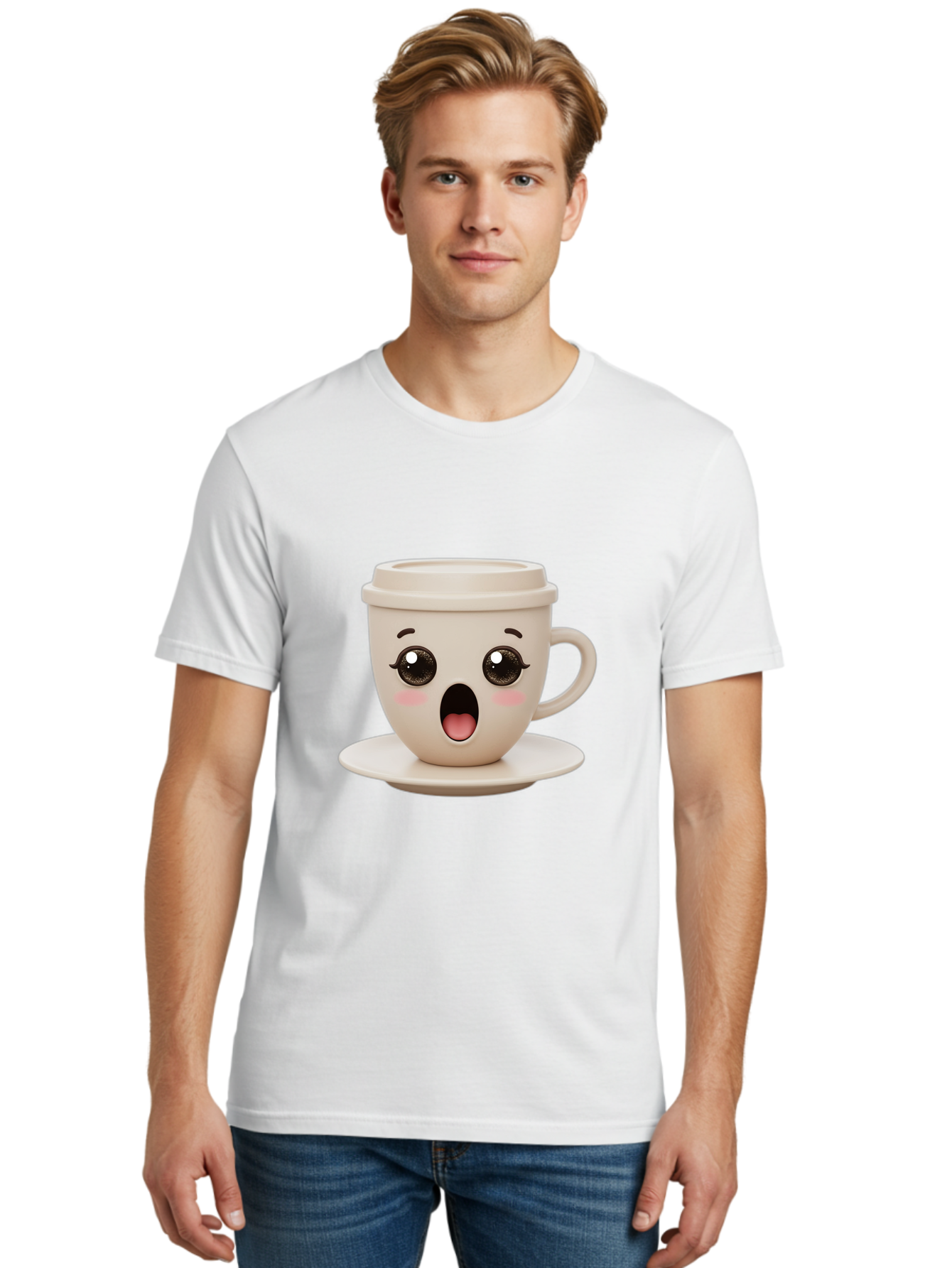 Shocked-Coffee-Cup Men'S Graphic Tee, 100% Cotton, Comfortable Casual Summer Wear, Machine Washable, Fun Coffee Cup, Surprised Expression, Coffee Break, Morning Pick-Me-Up, Kawaii Culture, Cute Face, Coffee Time, Coffee Lover Bac404