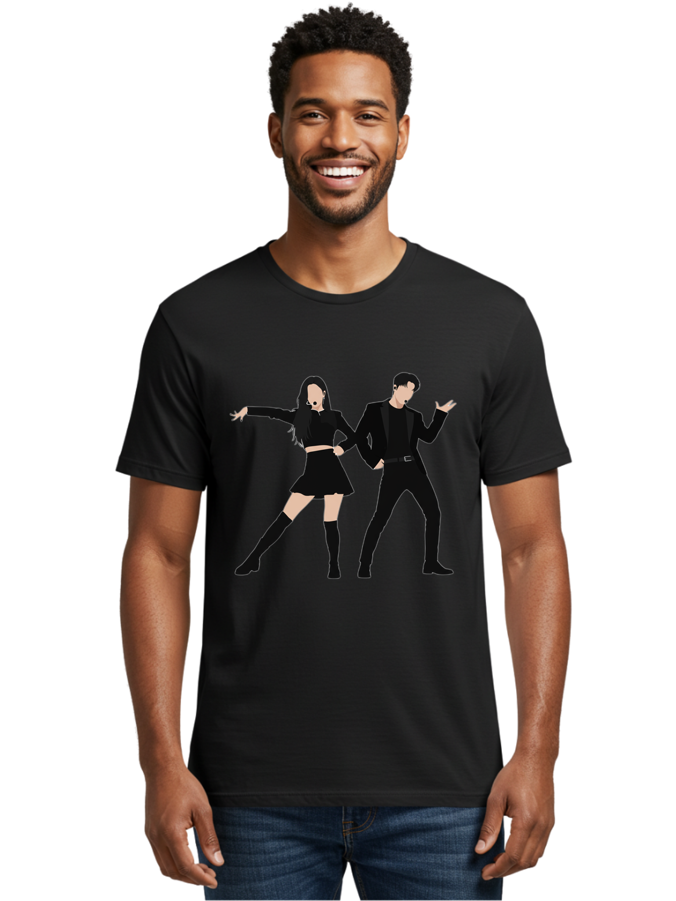 Singing-Duo Men'S Graphic Tee, 100% Cotton, Comfortable Casual Summer Wear, Machine Washable, Dancing Couple, Dynamic Pose, Black Outfit, Microphone Headsets, Lively Dance Moves, Stage Performance, Energetic Duo, Modern Dance Style, Bac405