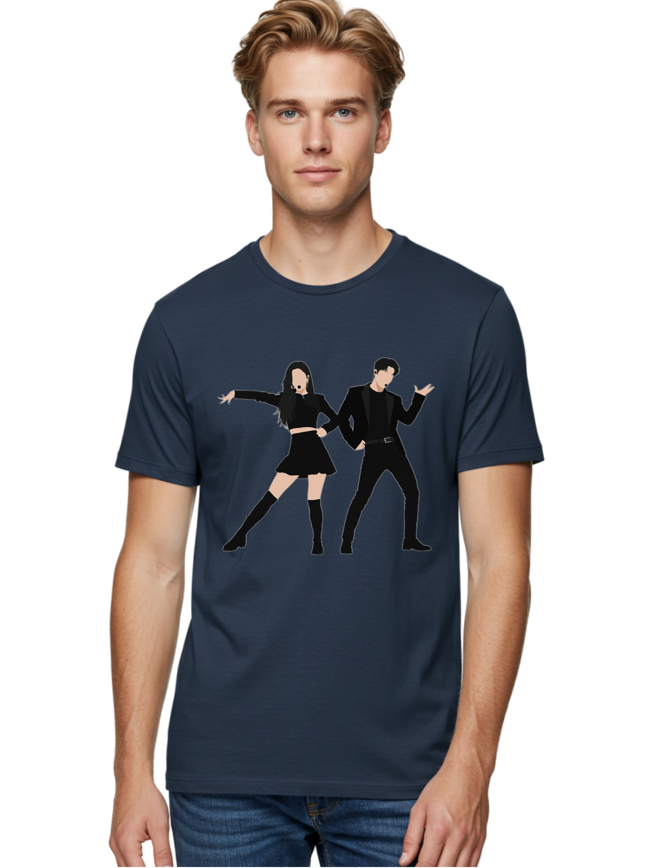 Singing-Duo Men'S Graphic Tee, 100% Cotton, Comfortable Casual Summer Wear, Machine Washable, Dancing Couple, Dynamic Pose, Black Outfit, Microphone Headsets, Lively Dance Moves, Stage Performance, Energetic Duo, Modern Dance Style, Bac405