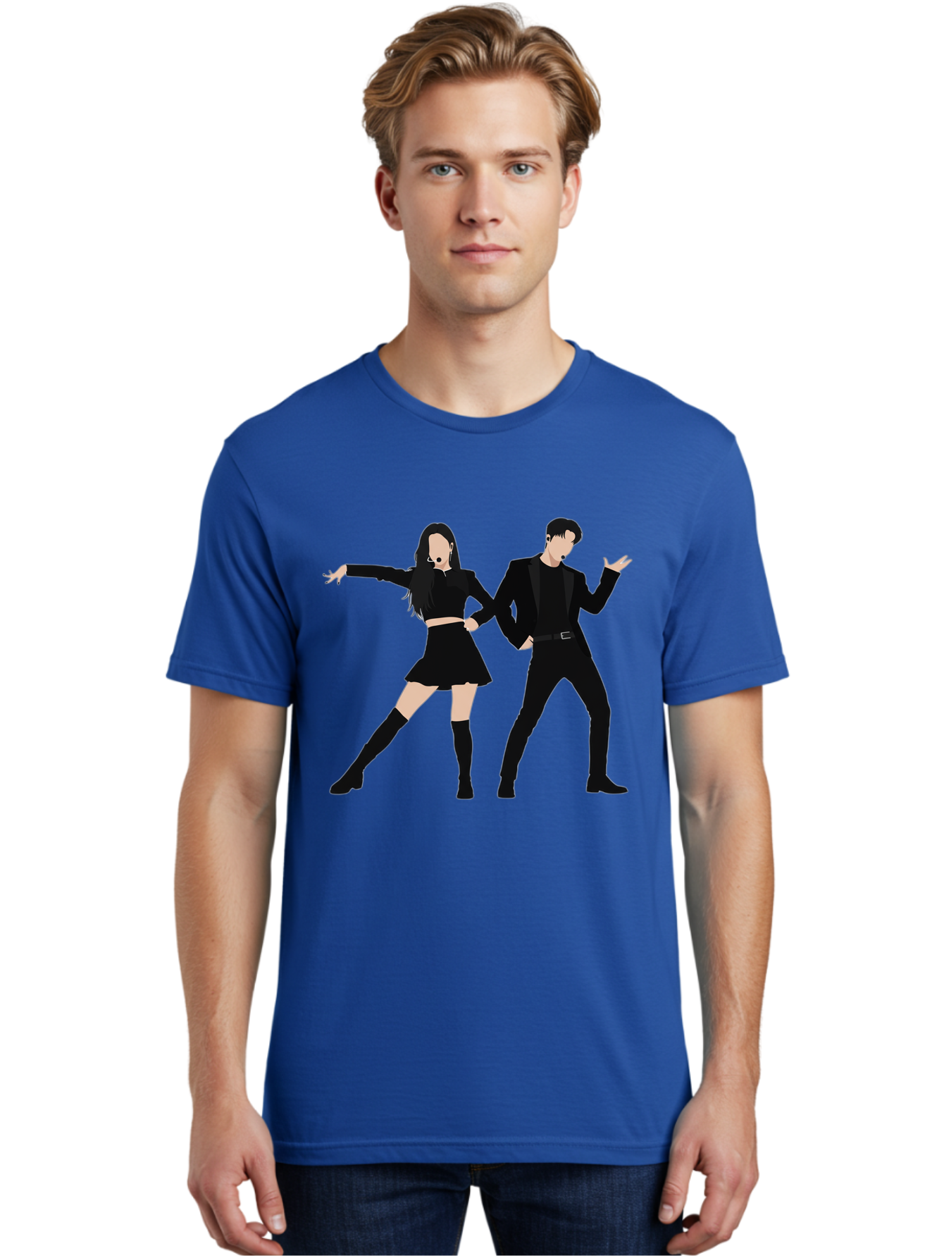 Singing-Duo Men'S Graphic Tee, 100% Cotton, Comfortable Casual Summer Wear, Machine Washable, Dancing Couple, Dynamic Pose, Black Outfit, Microphone Headsets, Lively Dance Moves, Stage Performance, Energetic Duo, Modern Dance Style, Bac405