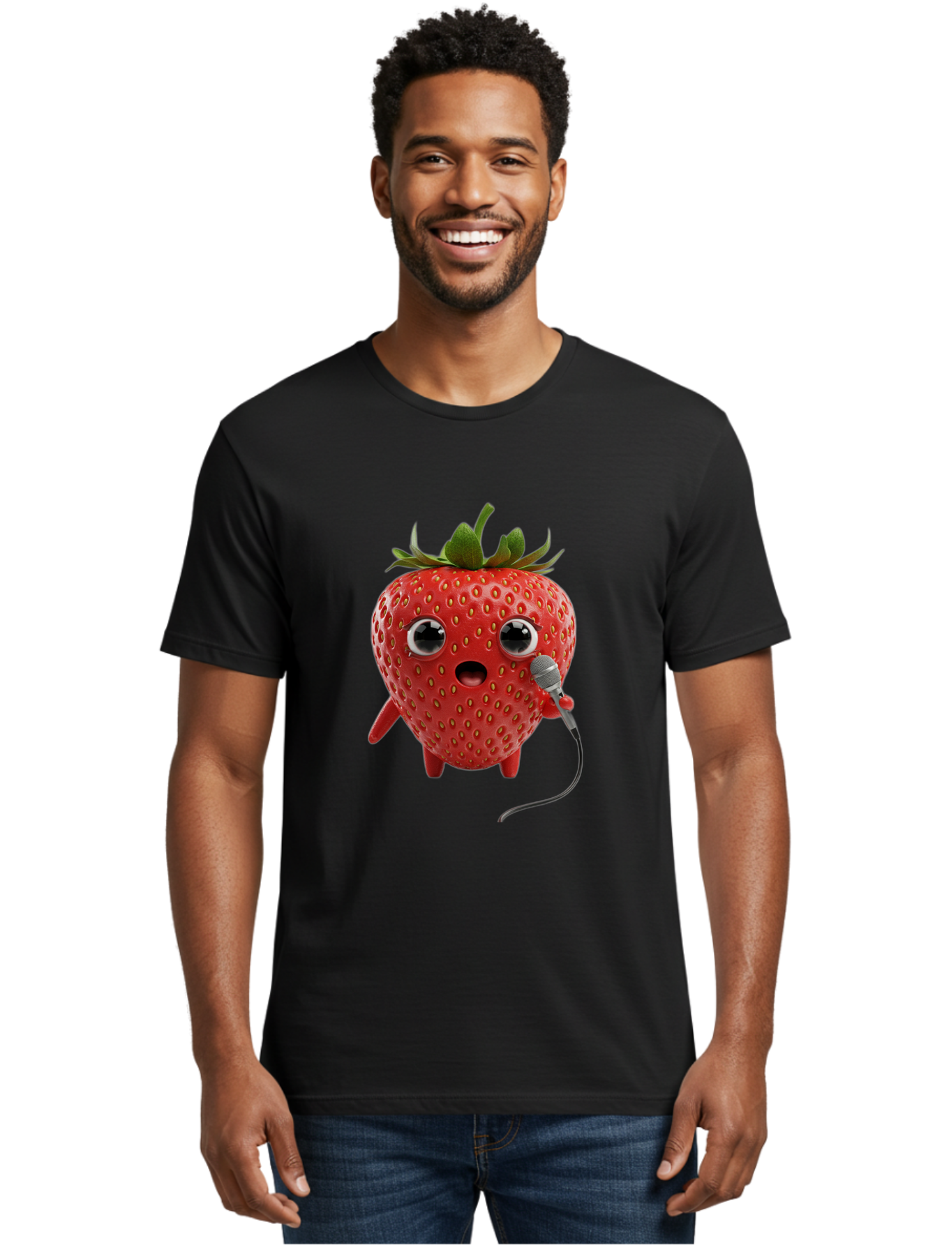 Singing-Strawberry Men'S Graphic Tee, 100% Cotton, Comfortable Casual Summer Wear, Machine Washable, Cartoon Strawberry, Anthropomorphic Fruit, Singing Strawberry, Microphone, Funny Character, Comedy, Humor, Entertaining, Animated Bac406