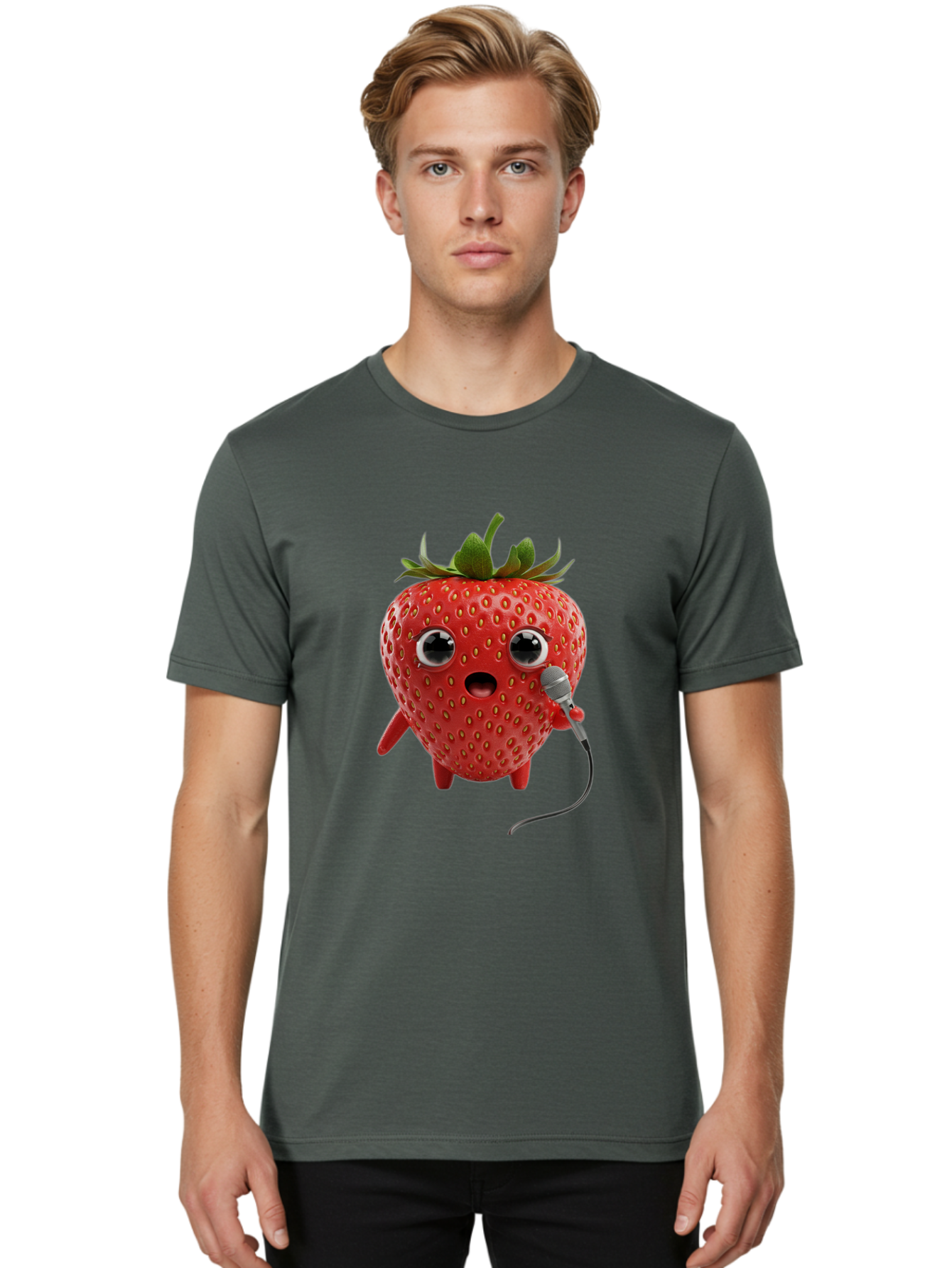 Singing-Strawberry Men'S Graphic Tee, 100% Cotton, Comfortable Casual Summer Wear, Machine Washable, Cartoon Strawberry, Anthropomorphic Fruit, Singing Strawberry, Microphone, Funny Character, Comedy, Humor, Entertaining, Animated Bac406