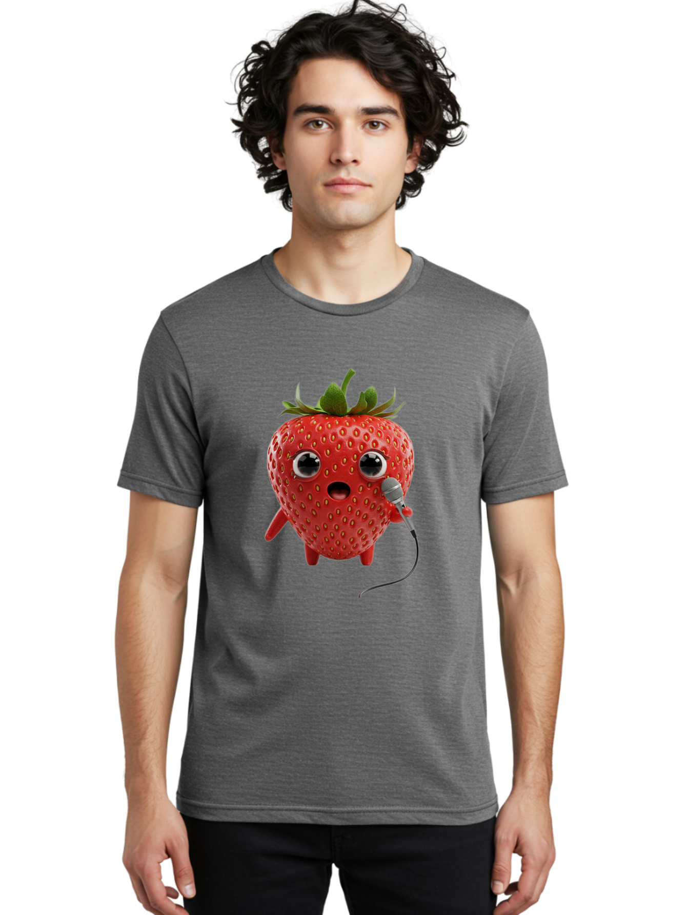 Singing-Strawberry Men'S Graphic Tee, 100% Cotton, Comfortable Casual Summer Wear, Machine Washable, Cartoon Strawberry, Anthropomorphic Fruit, Singing Strawberry, Microphone, Funny Character, Comedy, Humor, Entertaining, Animated Bac406
