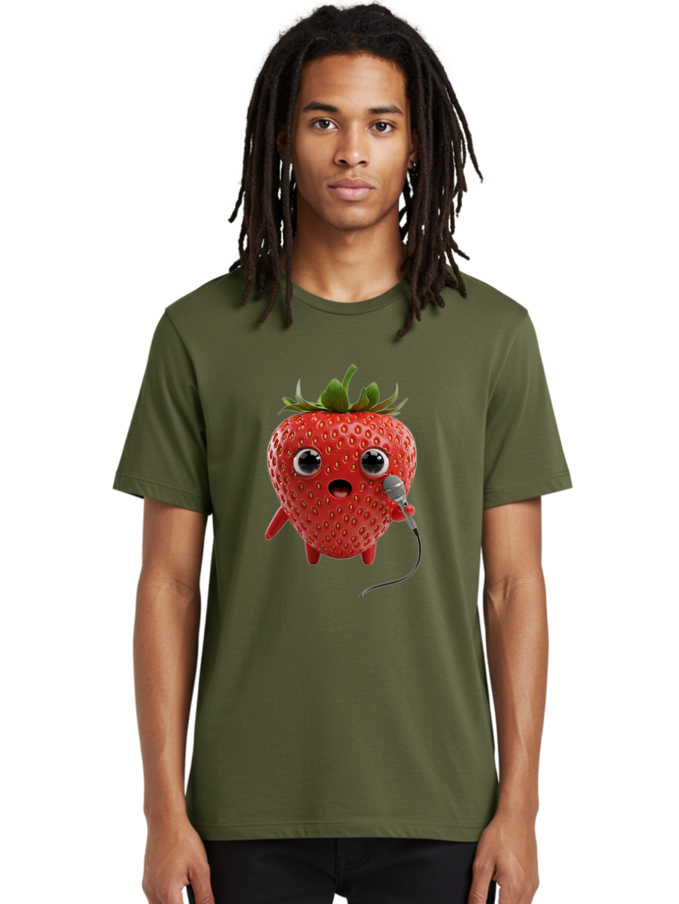 Singing-Strawberry Men'S Graphic Tee, 100% Cotton, Comfortable Casual Summer Wear, Machine Washable, Cartoon Strawberry, Anthropomorphic Fruit, Singing Strawberry, Microphone, Funny Character, Comedy, Humor, Entertaining, Animated Bac406