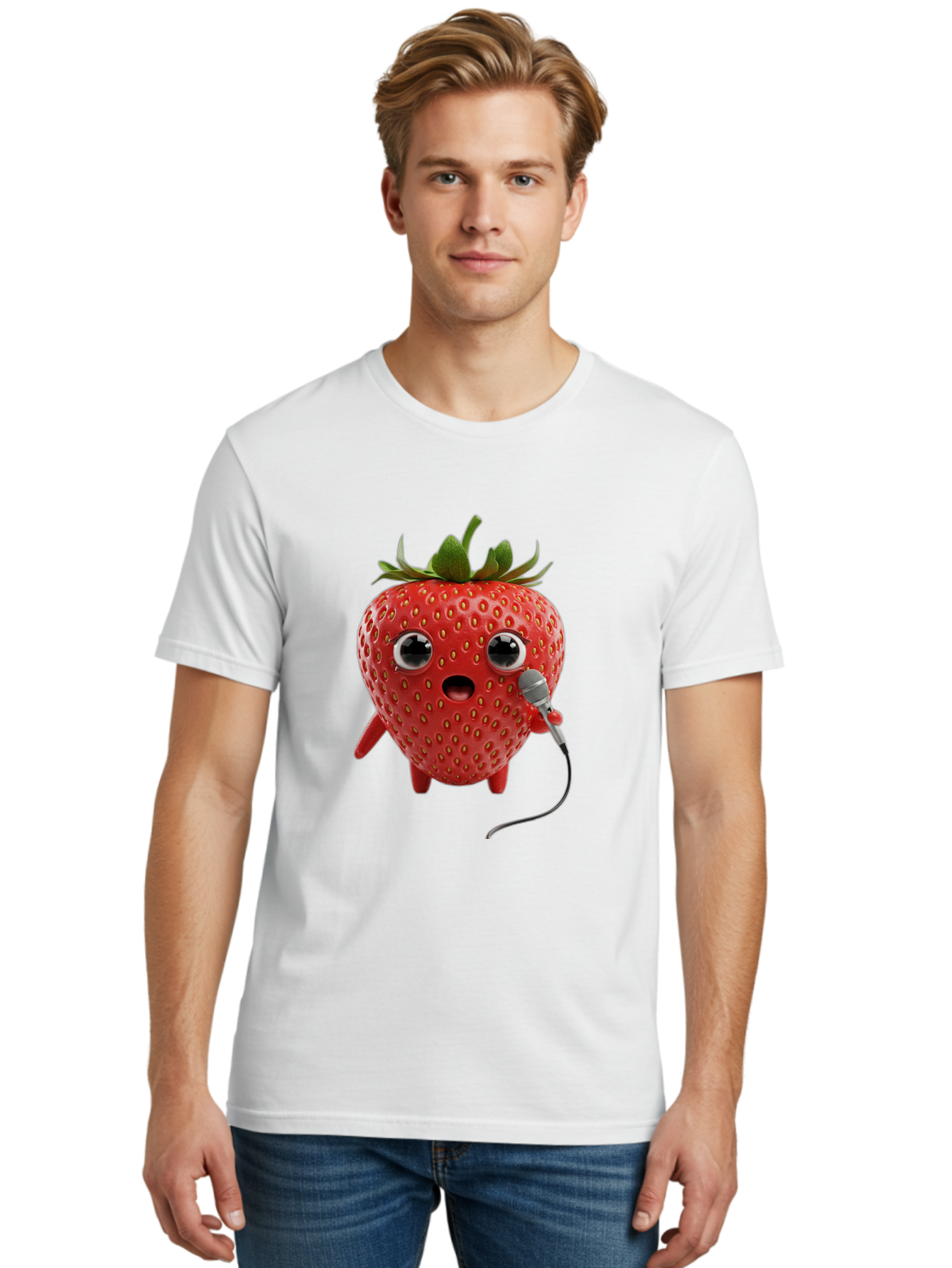 Singing-Strawberry Men'S Graphic Tee, 100% Cotton, Comfortable Casual Summer Wear, Machine Washable, Cartoon Strawberry, Anthropomorphic Fruit, Singing Strawberry, Microphone, Funny Character, Comedy, Humor, Entertaining, Animated Bac406