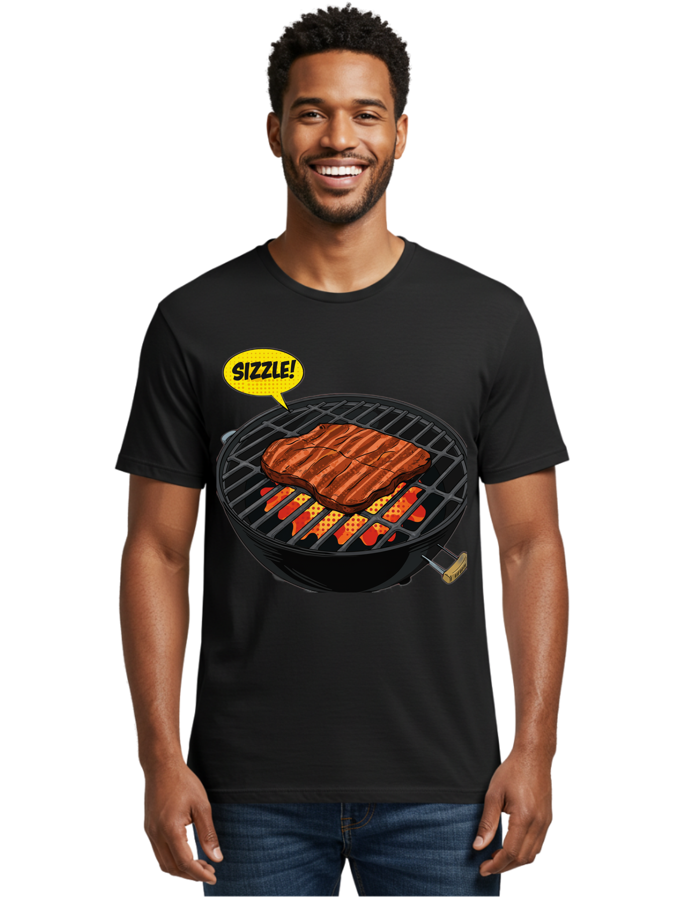 Sizzle Men'S Graphic Tee, 100% Cotton, Comfortable Casual Summer Wear, Machine Washable, Grilled Steak, Barbecue, Sizzling Meat, Grill Marks, Cooking On Grill, Bbq Flavors, Mouth-Watering Bac408