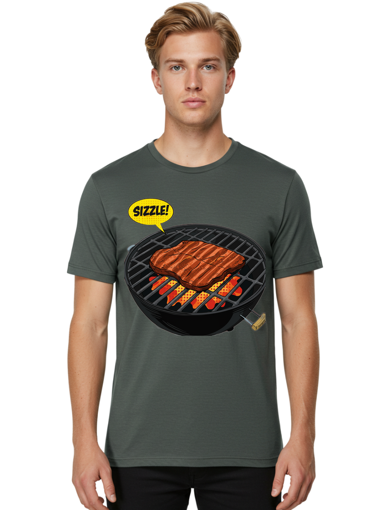 Sizzle Men'S Graphic Tee, 100% Cotton, Comfortable Casual Summer Wear, Machine Washable, Grilled Steak, Barbecue, Sizzling Meat, Grill Marks, Cooking On Grill, Bbq Flavors, Mouth-Watering Bac408