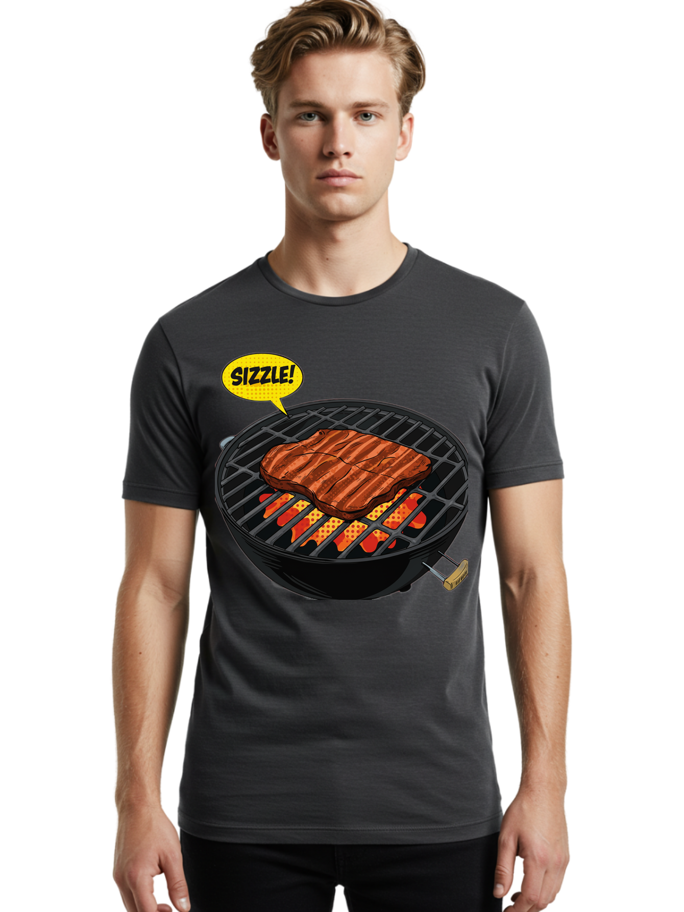 Sizzle Men'S Graphic Tee, 100% Cotton, Comfortable Casual Summer Wear, Machine Washable, Grilled Steak, Barbecue, Sizzling Meat, Grill Marks, Cooking On Grill, Bbq Flavors, Mouth-Watering Bac408