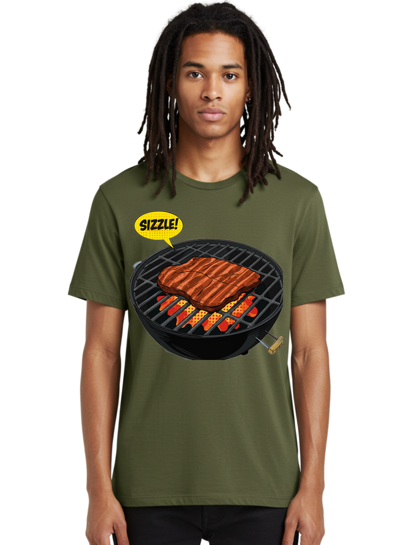 Sizzle Men'S Graphic Tee, 100% Cotton, Comfortable Casual Summer Wear, Machine Washable, Grilled Steak, Barbecue, Sizzling Meat, Grill Marks, Cooking On Grill, Bbq Flavors, Mouth-Watering Bac408