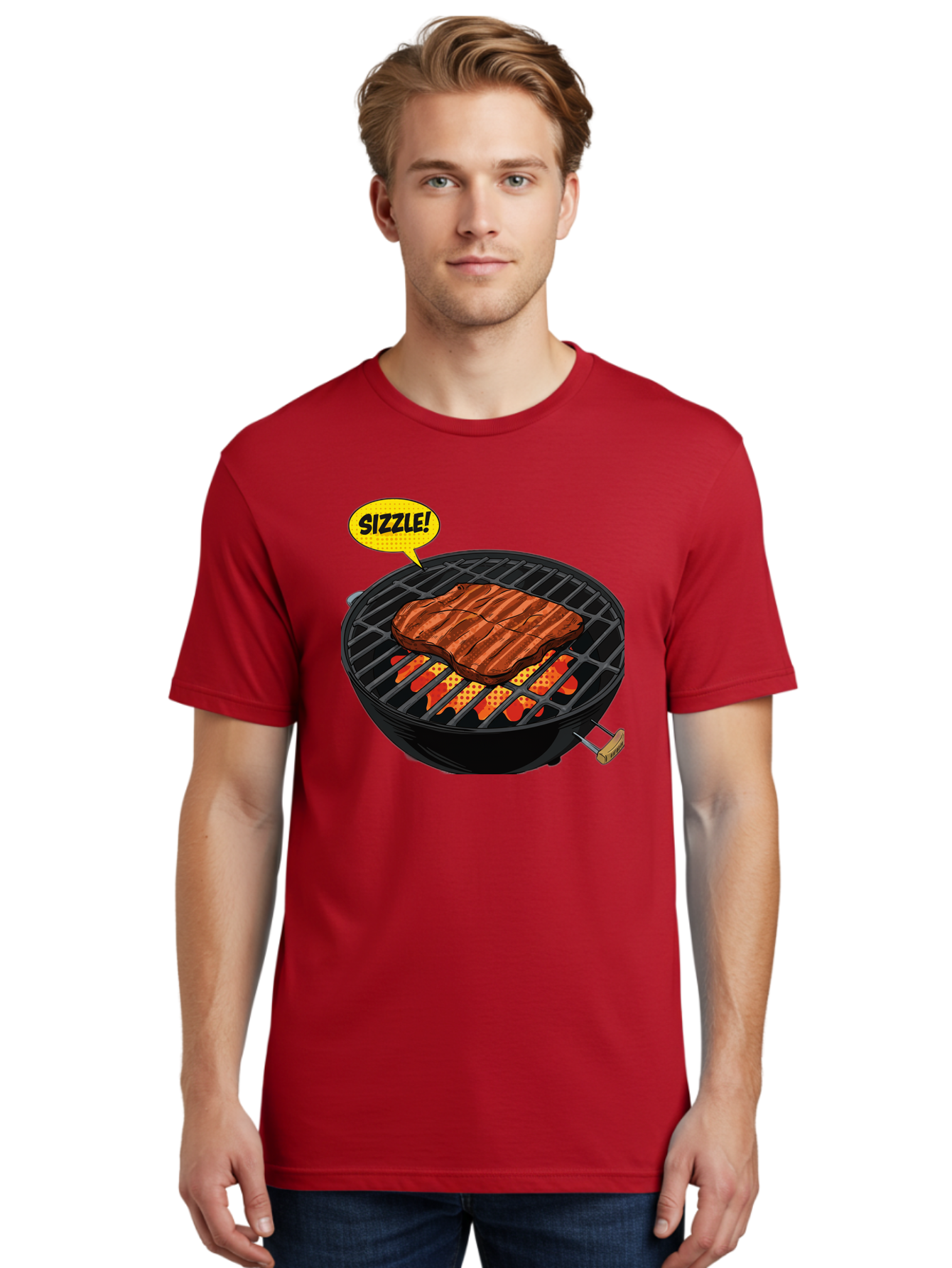 Sizzle Men'S Graphic Tee, 100% Cotton, Comfortable Casual Summer Wear, Machine Washable, Grilled Steak, Barbecue, Sizzling Meat, Grill Marks, Cooking On Grill, Bbq Flavors, Mouth-Watering Bac408