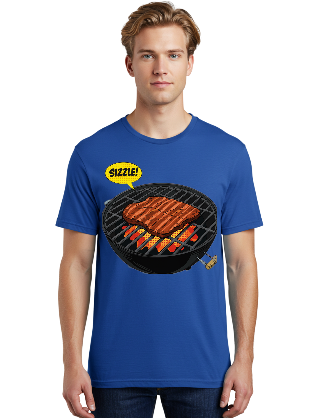 Sizzle Men'S Graphic Tee, 100% Cotton, Comfortable Casual Summer Wear, Machine Washable, Grilled Steak, Barbecue, Sizzling Meat, Grill Marks, Cooking On Grill, Bbq Flavors, Mouth-Watering Bac408