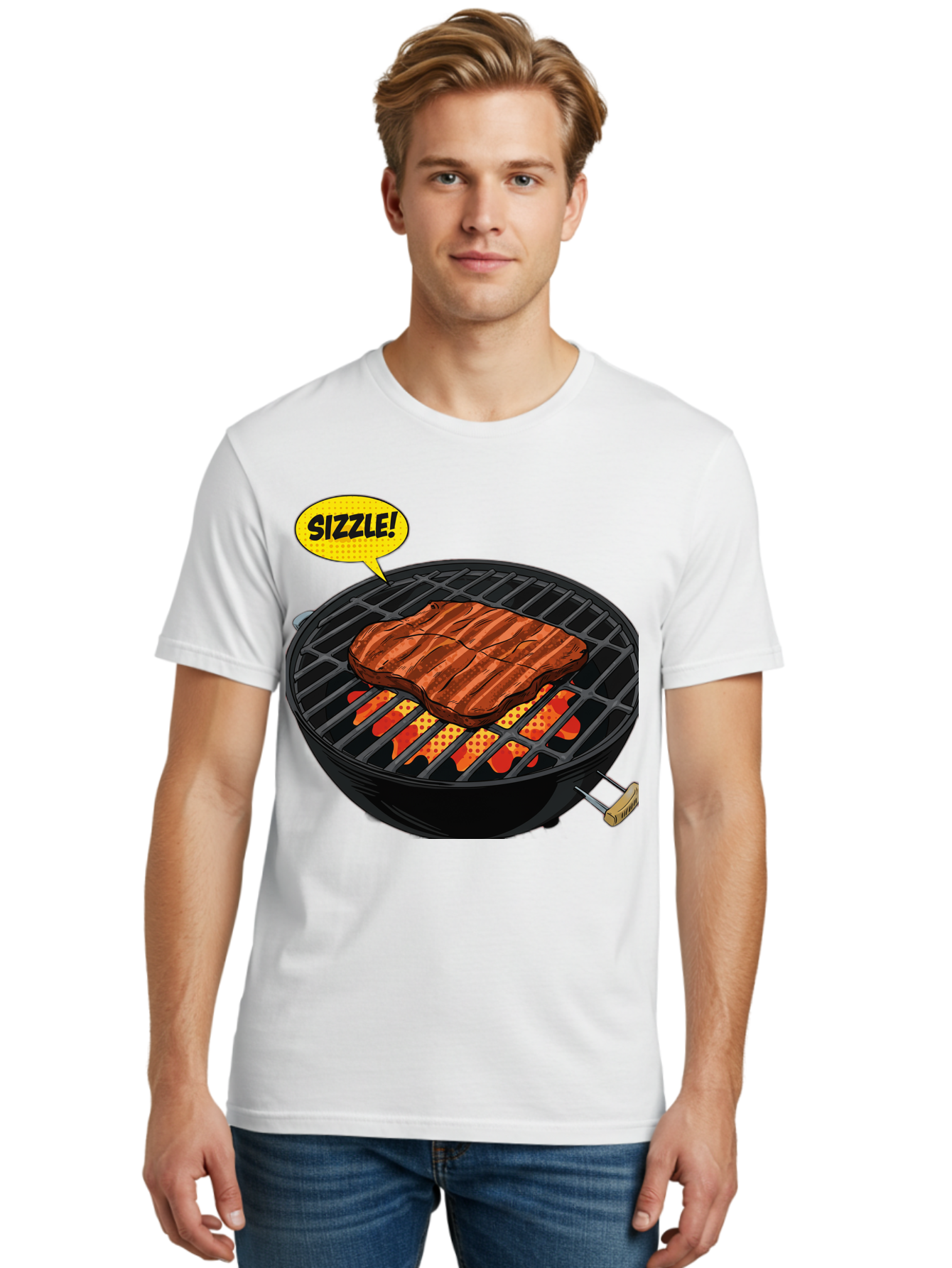 Sizzle Men'S Graphic Tee, 100% Cotton, Comfortable Casual Summer Wear, Machine Washable, Grilled Steak, Barbecue, Sizzling Meat, Grill Marks, Cooking On Grill, Bbq Flavors, Mouth-Watering Bac408