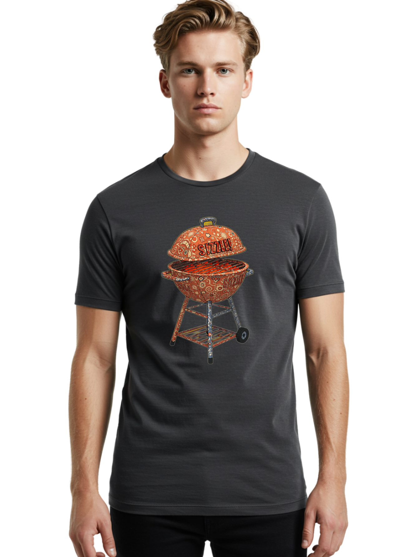 Sizzlin-Grill Men'S Graphic Tee, 100% Cotton, Comfortable Casual Summer Wear, Machine Washable, Bbq Grill, Sizzling Hot Coals, Outdoor Cooking, Grill Master, Backyard Barbecue, Summer Food, Delicious Meals, Grilling Season, Savory Flavors, Bac409