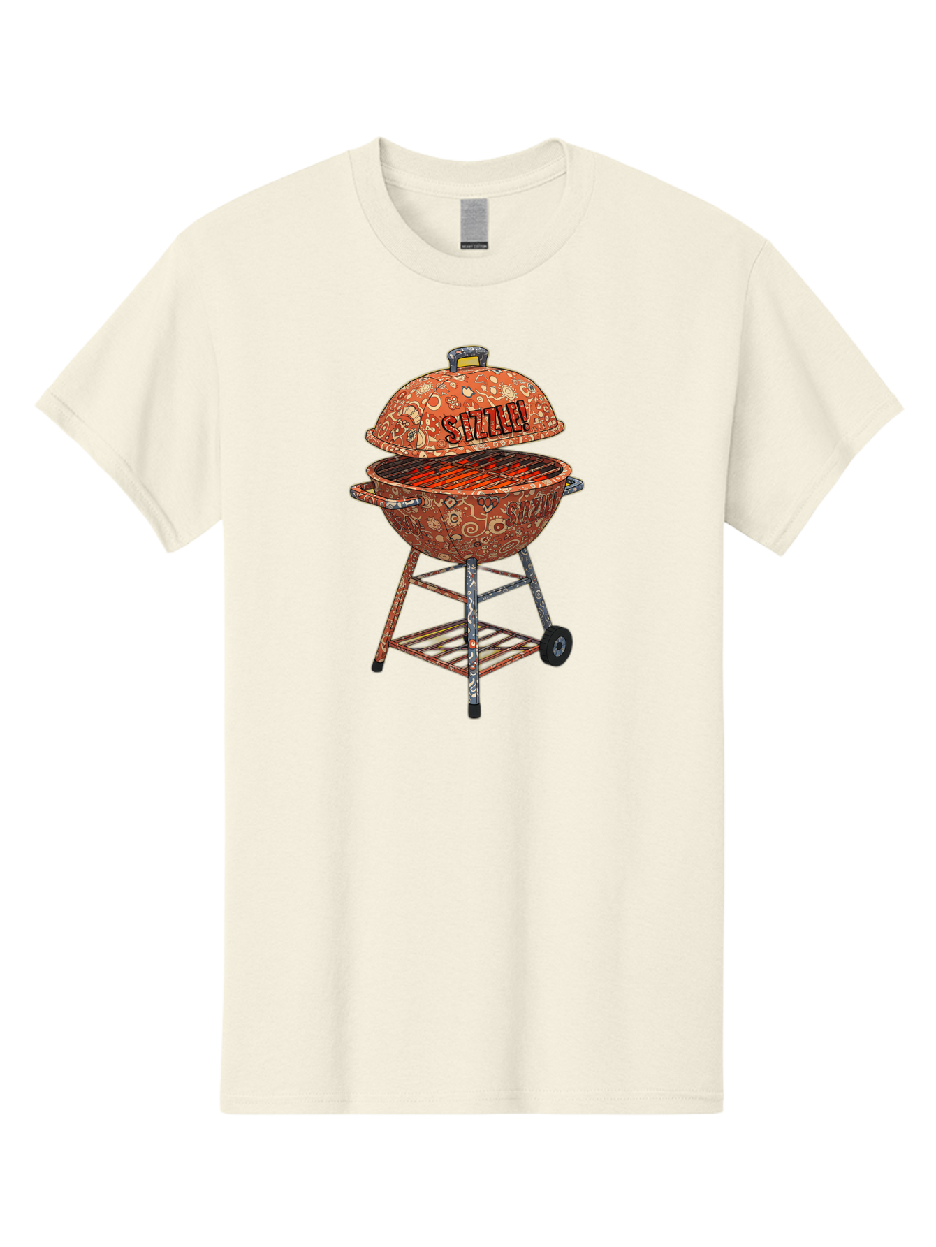 Sizzlin-Grill Men'S Graphic Tee, 100% Cotton, Comfortable Casual Summer Wear, Machine Washable, Bbq Grill, Sizzling Hot Coals, Outdoor Cooking, Grill Master, Backyard Barbecue, Summer Food, Delicious Meals, Grilling Season, Savory Flavors, Bac409