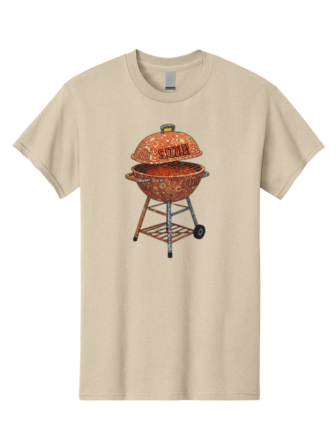 Sizzlin-Grill Men'S Graphic Tee, 100% Cotton, Comfortable Casual Summer Wear, Machine Washable, Bbq Grill, Sizzling Hot Coals, Outdoor Cooking, Grill Master, Backyard Barbecue, Summer Food, Delicious Meals, Grilling Season, Savory Flavors, Bac409