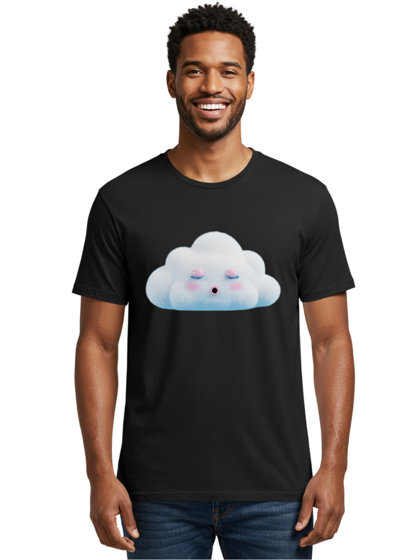 Sleeping-Cloud Men'S Graphic Tee, 100% Cotton, Comfortable Casual Summer Wear, Machine Washable, Cute Cloud, Fluffy White Cloud, Sleeping Face, Pastel Colors, Kawaii Design, Cloud Character, Soft Pink Cheeks, Closed Eyes, Serene Atmosphere, Bac410