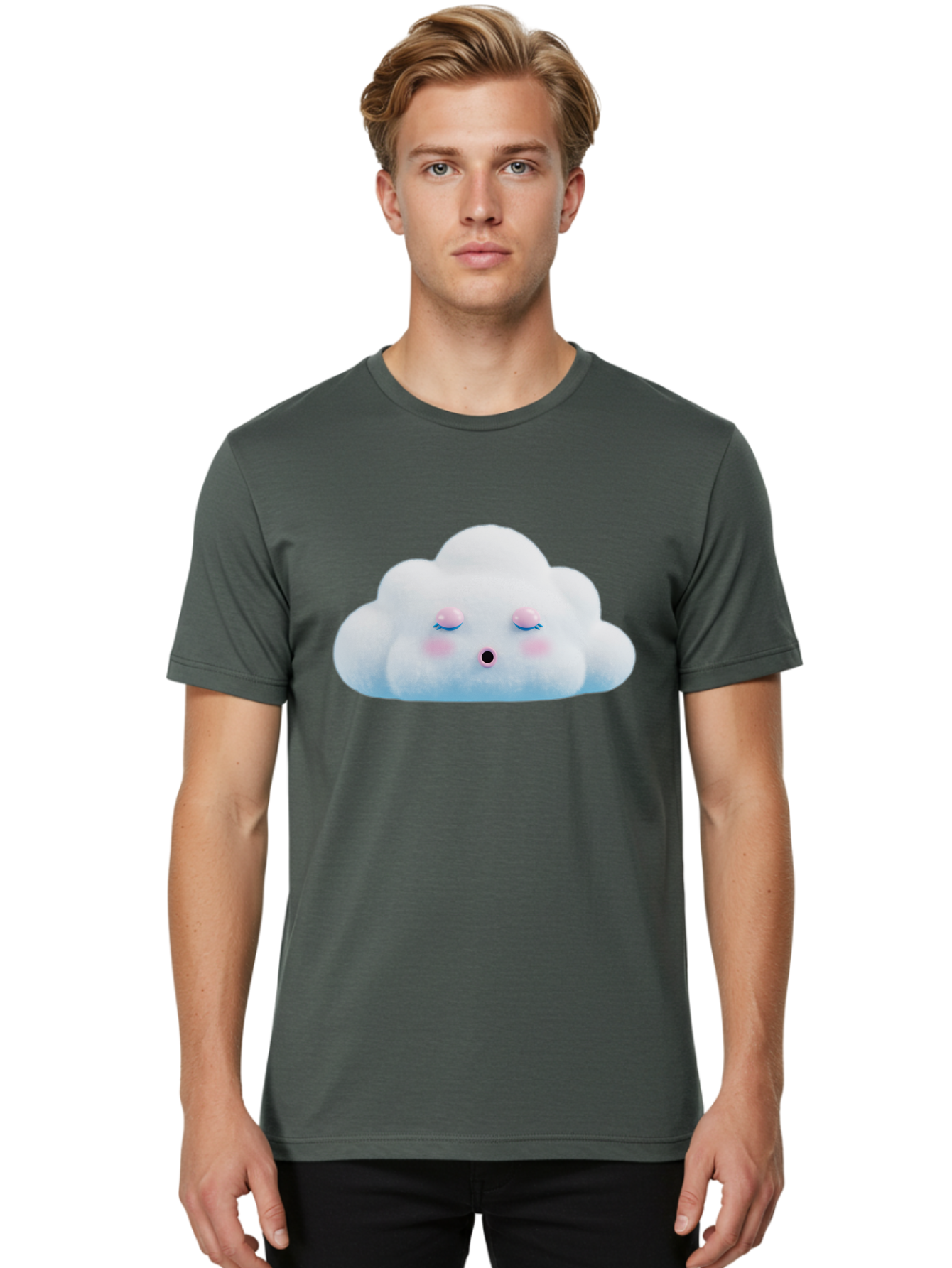 Sleeping-Cloud Men'S Graphic Tee, 100% Cotton, Comfortable Casual Summer Wear, Machine Washable, Cute Cloud, Fluffy White Cloud, Sleeping Face, Pastel Colors, Kawaii Design, Cloud Character, Soft Pink Cheeks, Closed Eyes, Serene Atmosphere, Bac410