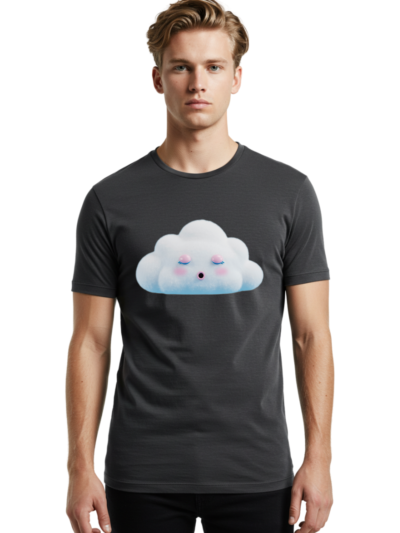 Sleeping-Cloud Men'S Graphic Tee, 100% Cotton, Comfortable Casual Summer Wear, Machine Washable, Cute Cloud, Fluffy White Cloud, Sleeping Face, Pastel Colors, Kawaii Design, Cloud Character, Soft Pink Cheeks, Closed Eyes, Serene Atmosphere, Bac410