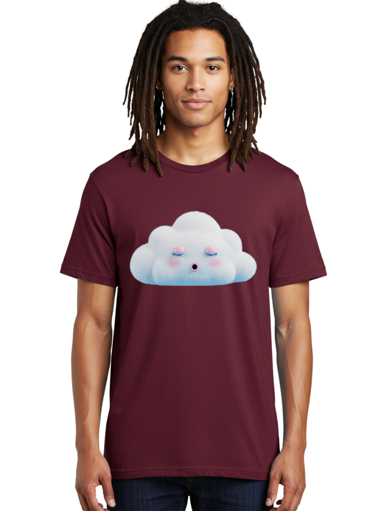 Sleeping-Cloud Men'S Graphic Tee, 100% Cotton, Comfortable Casual Summer Wear, Machine Washable, Cute Cloud, Fluffy White Cloud, Sleeping Face, Pastel Colors, Kawaii Design, Cloud Character, Soft Pink Cheeks, Closed Eyes, Serene Atmosphere, Bac410