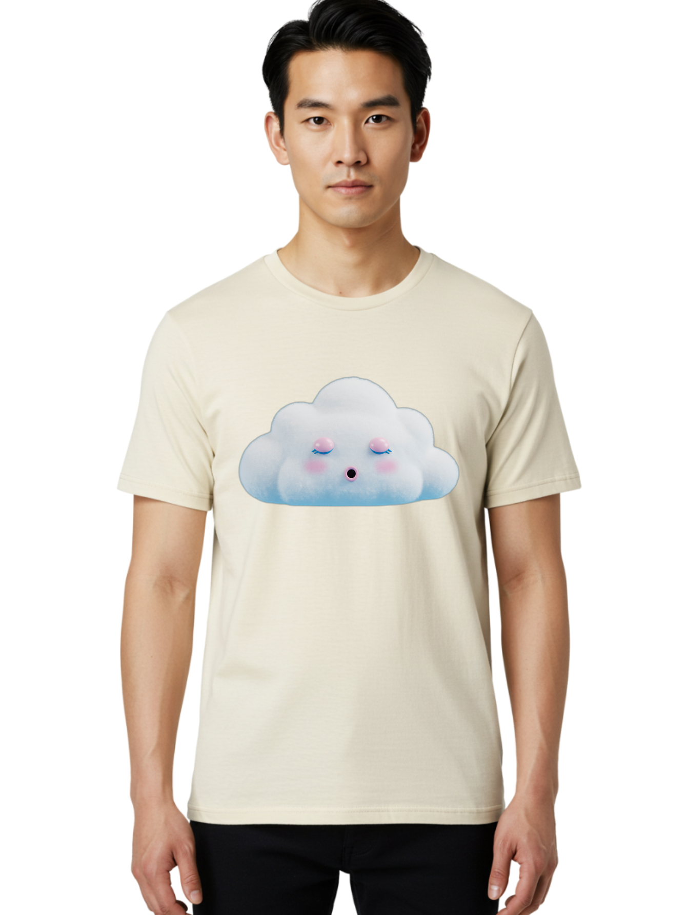 Sleeping-Cloud Men'S Graphic Tee, 100% Cotton, Comfortable Casual Summer Wear, Machine Washable, Cute Cloud, Fluffy White Cloud, Sleeping Face, Pastel Colors, Kawaii Design, Cloud Character, Soft Pink Cheeks, Closed Eyes, Serene Atmosphere, Bac410