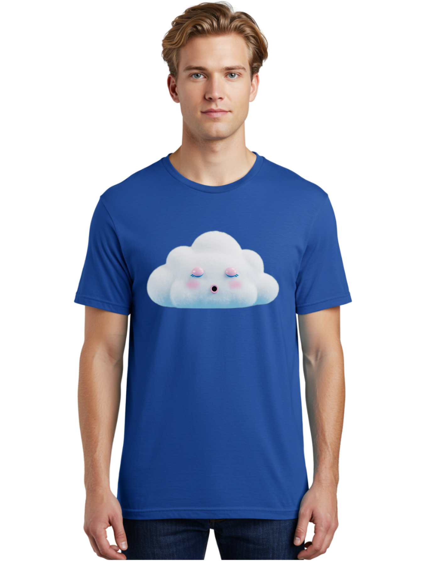 Sleeping-Cloud Men'S Graphic Tee, 100% Cotton, Comfortable Casual Summer Wear, Machine Washable, Cute Cloud, Fluffy White Cloud, Sleeping Face, Pastel Colors, Kawaii Design, Cloud Character, Soft Pink Cheeks, Closed Eyes, Serene Atmosphere, Bac410