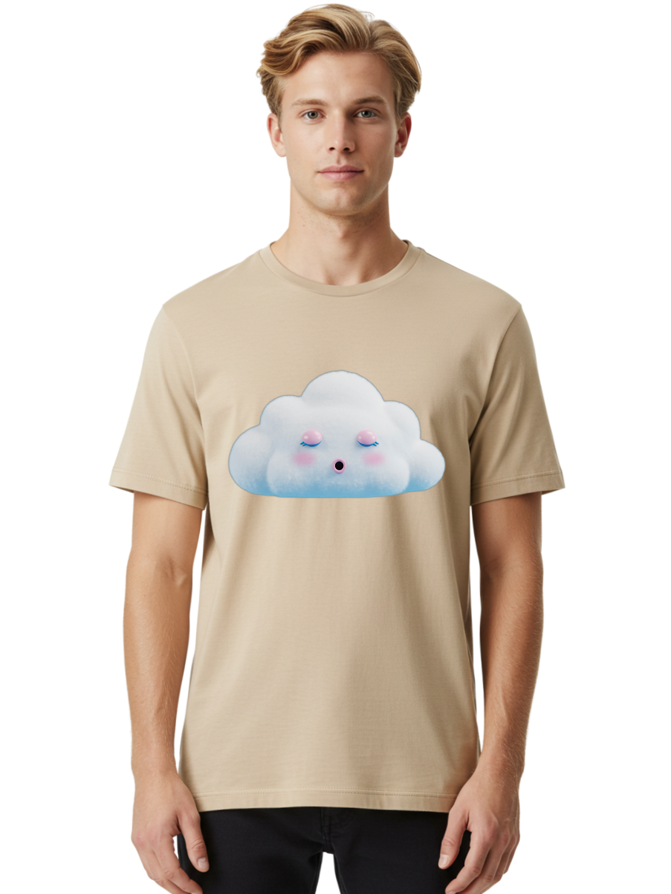 Sleeping-Cloud Men'S Graphic Tee, 100% Cotton, Comfortable Casual Summer Wear, Machine Washable, Cute Cloud, Fluffy White Cloud, Sleeping Face, Pastel Colors, Kawaii Design, Cloud Character, Soft Pink Cheeks, Closed Eyes, Serene Atmosphere, Bac410