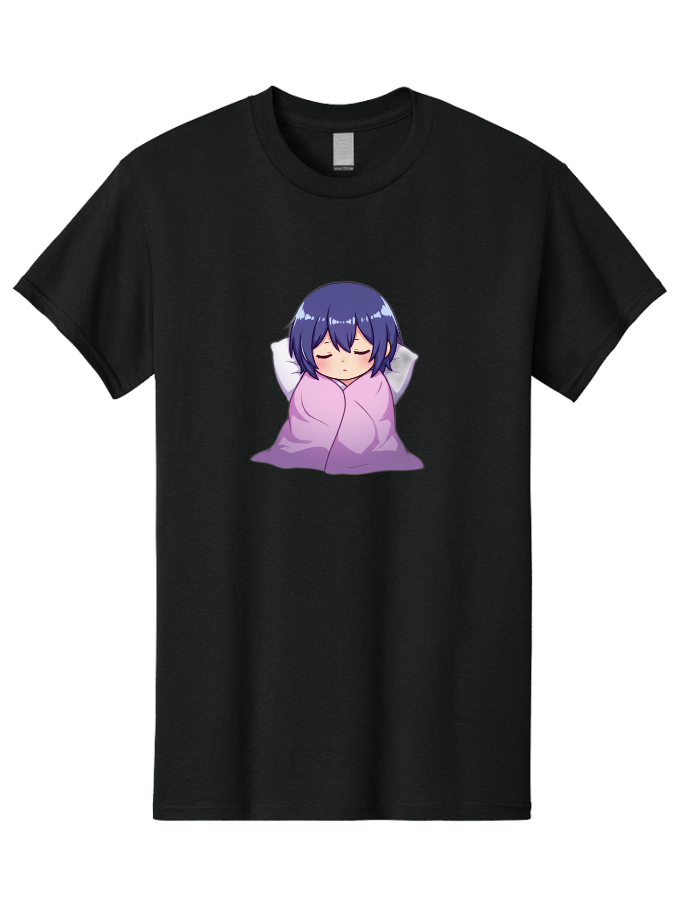 Sleeping-Girl Men'S Graphic Tee, 100% Cotton, Comfortable Casual Summer Wear, Machine Washable, Anime Girl Sleeping, Peaceful, Purple Hair, Wrapped In Blanket, Restful Sleep, Cozy Atmosphere, Kawaii Art, Cartoon Character Bac411