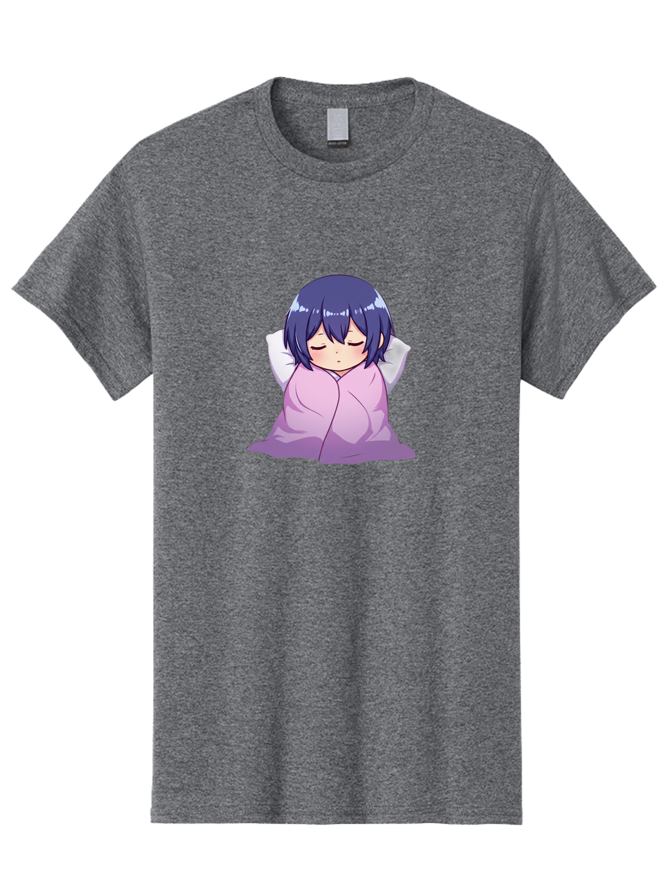 Sleeping-Girl Men'S Graphic Tee, 100% Cotton, Comfortable Casual Summer Wear, Machine Washable, Anime Girl Sleeping, Peaceful, Purple Hair, Wrapped In Blanket, Restful Sleep, Cozy Atmosphere, Kawaii Art, Cartoon Character Bac411