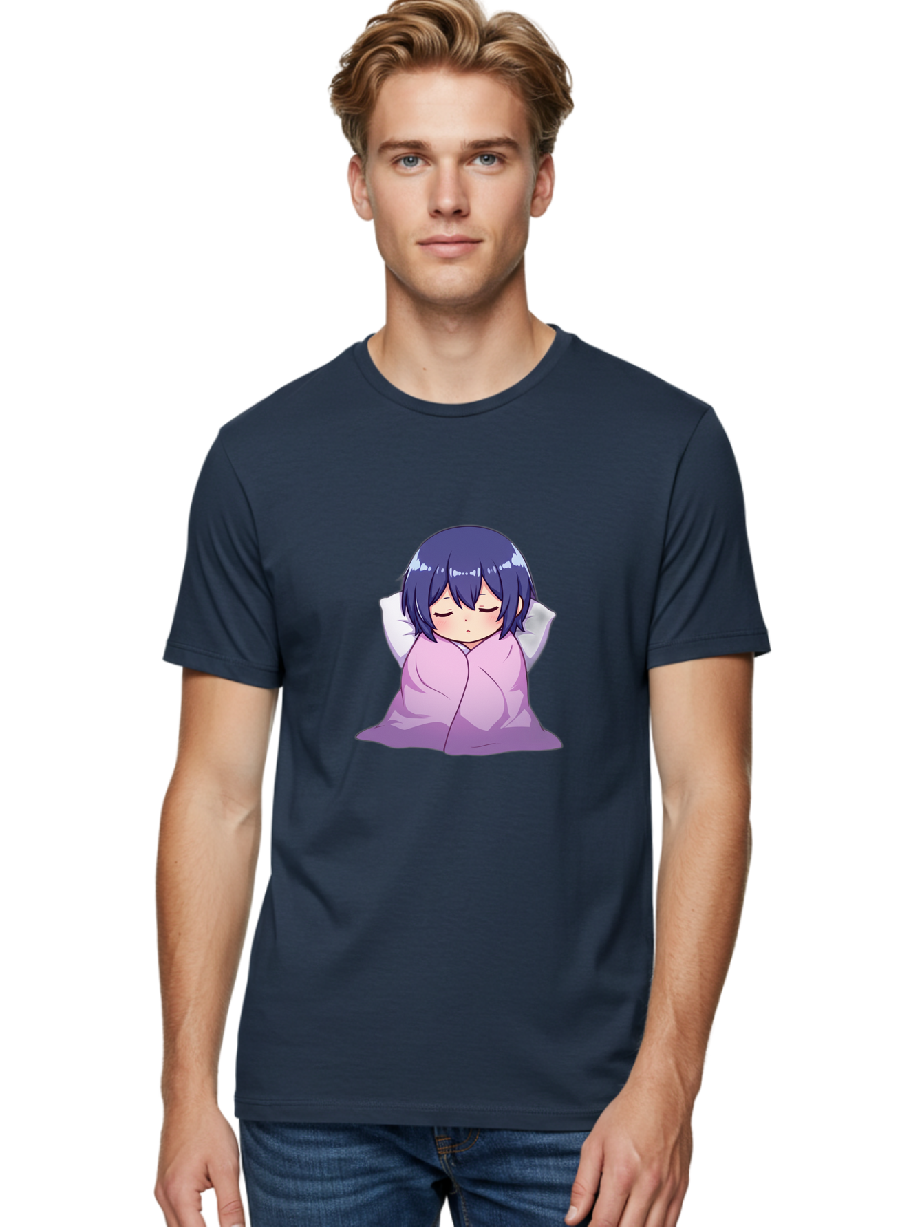 Sleeping-Girl Men'S Graphic Tee, 100% Cotton, Comfortable Casual Summer Wear, Machine Washable, Anime Girl Sleeping, Peaceful, Purple Hair, Wrapped In Blanket, Restful Sleep, Cozy Atmosphere, Kawaii Art, Cartoon Character Bac411