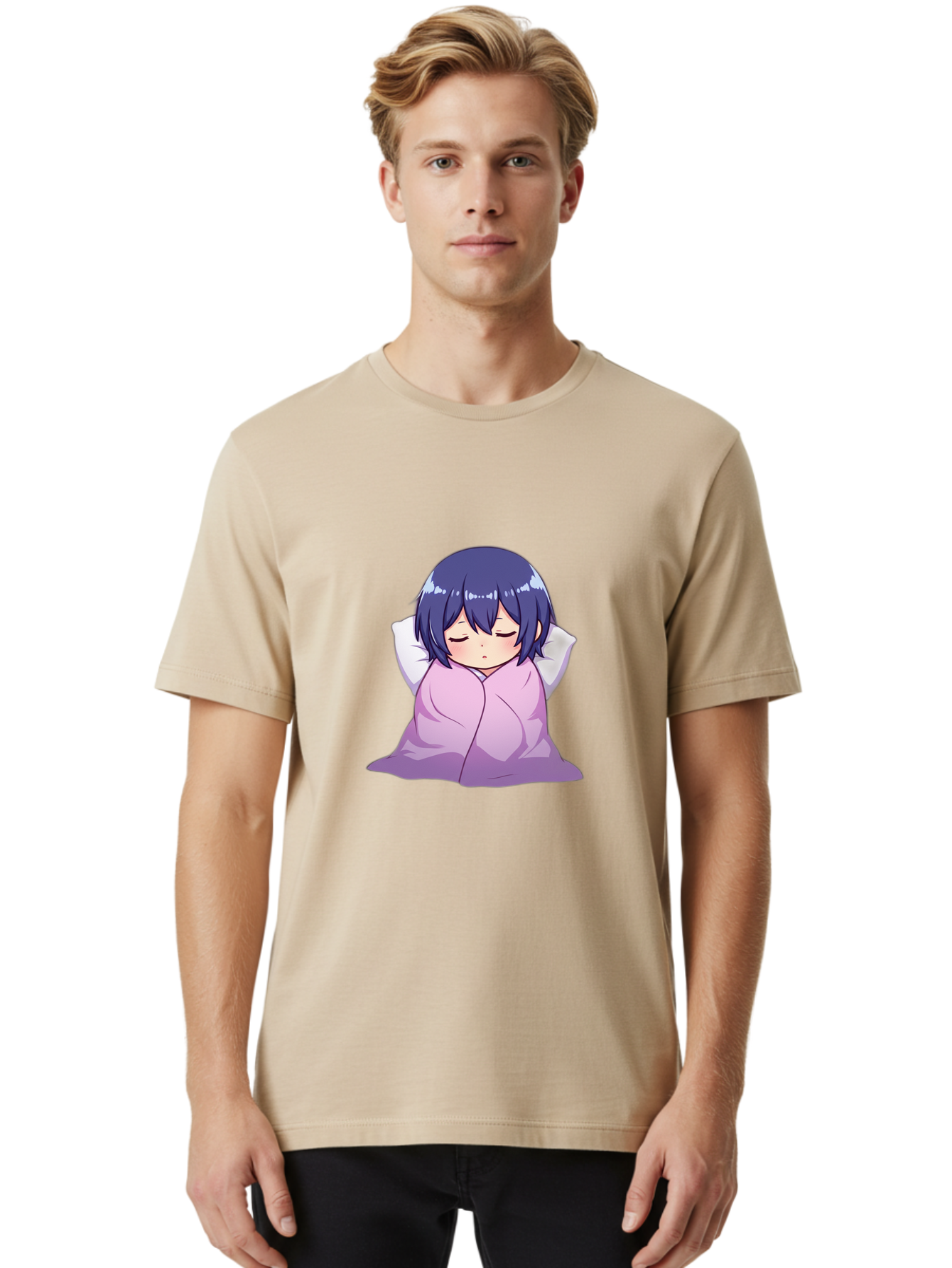 Sleeping-Girl Men'S Graphic Tee, 100% Cotton, Comfortable Casual Summer Wear, Machine Washable, Anime Girl Sleeping, Peaceful, Purple Hair, Wrapped In Blanket, Restful Sleep, Cozy Atmosphere, Kawaii Art, Cartoon Character Bac411