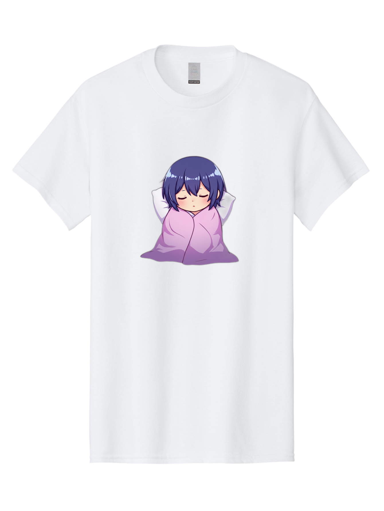 Sleeping-Girl Men'S Graphic Tee, 100% Cotton, Comfortable Casual Summer Wear, Machine Washable, Anime Girl Sleeping, Peaceful, Purple Hair, Wrapped In Blanket, Restful Sleep, Cozy Atmosphere, Kawaii Art, Cartoon Character Bac411