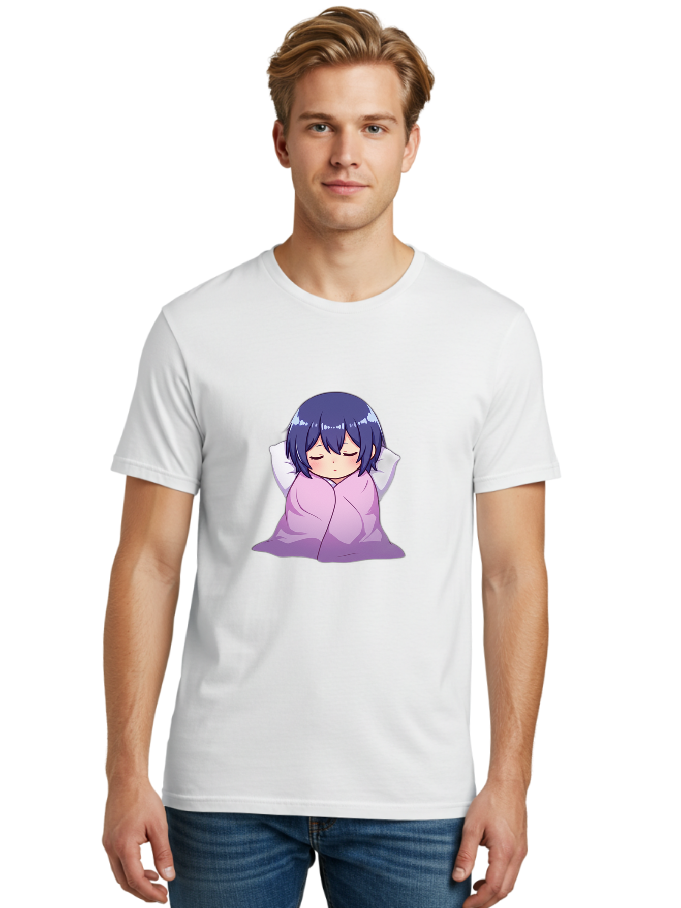 Sleeping-Girl Men'S Graphic Tee, 100% Cotton, Comfortable Casual Summer Wear, Machine Washable, Anime Girl Sleeping, Peaceful, Purple Hair, Wrapped In Blanket, Restful Sleep, Cozy Atmosphere, Kawaii Art, Cartoon Character Bac411