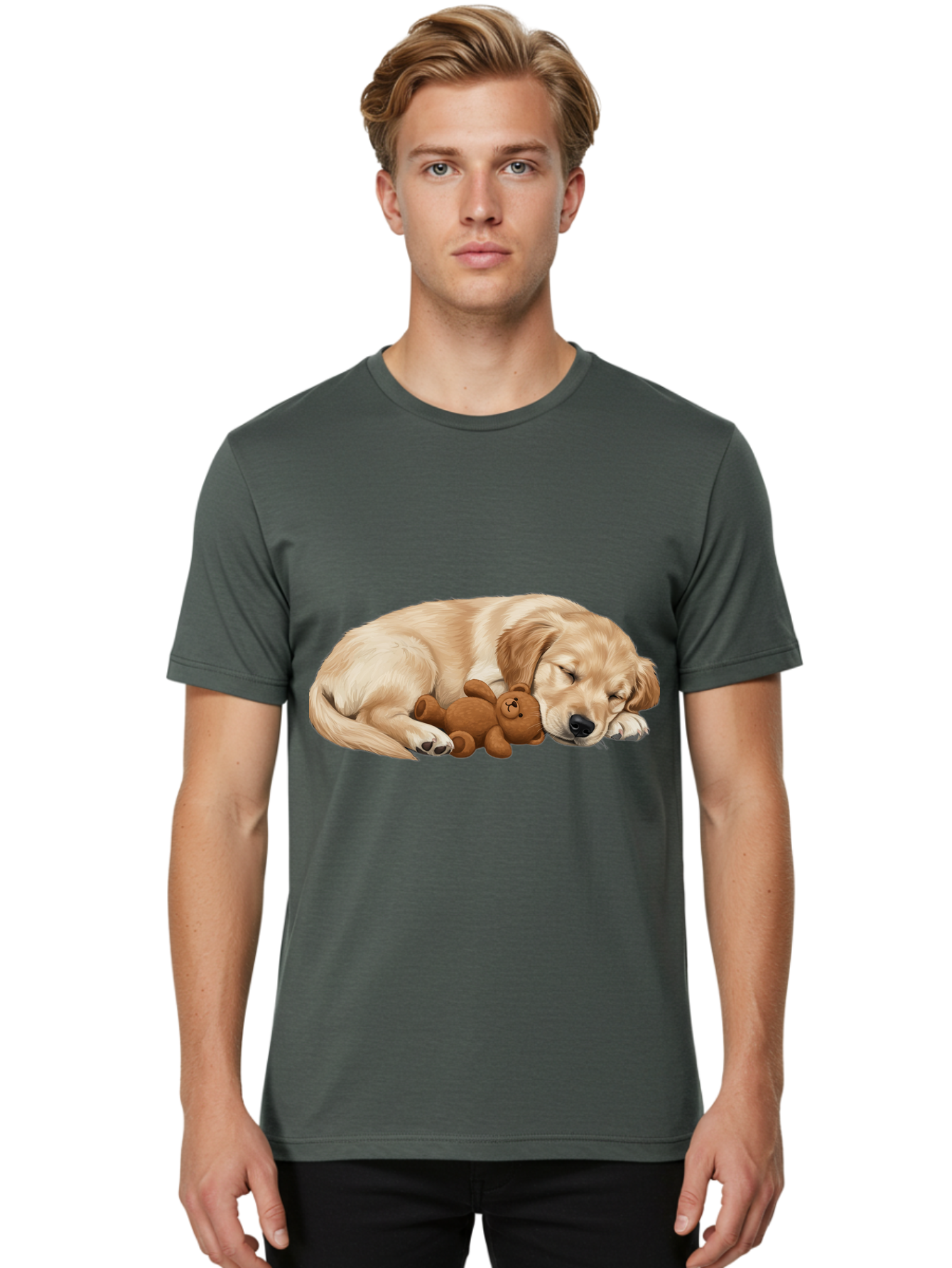Sleeping-Golden-Retriever-1 Men'S Graphic Tee, 100% Cotton, Comfortable Casual Summer Wear, Machine Washable, Sleeping Golden Retriever, Cuddly Dog, Teddy Bear, Adorable Animal, Peaceful Slumber, Cute Companions, Loving Friendship, Bac412