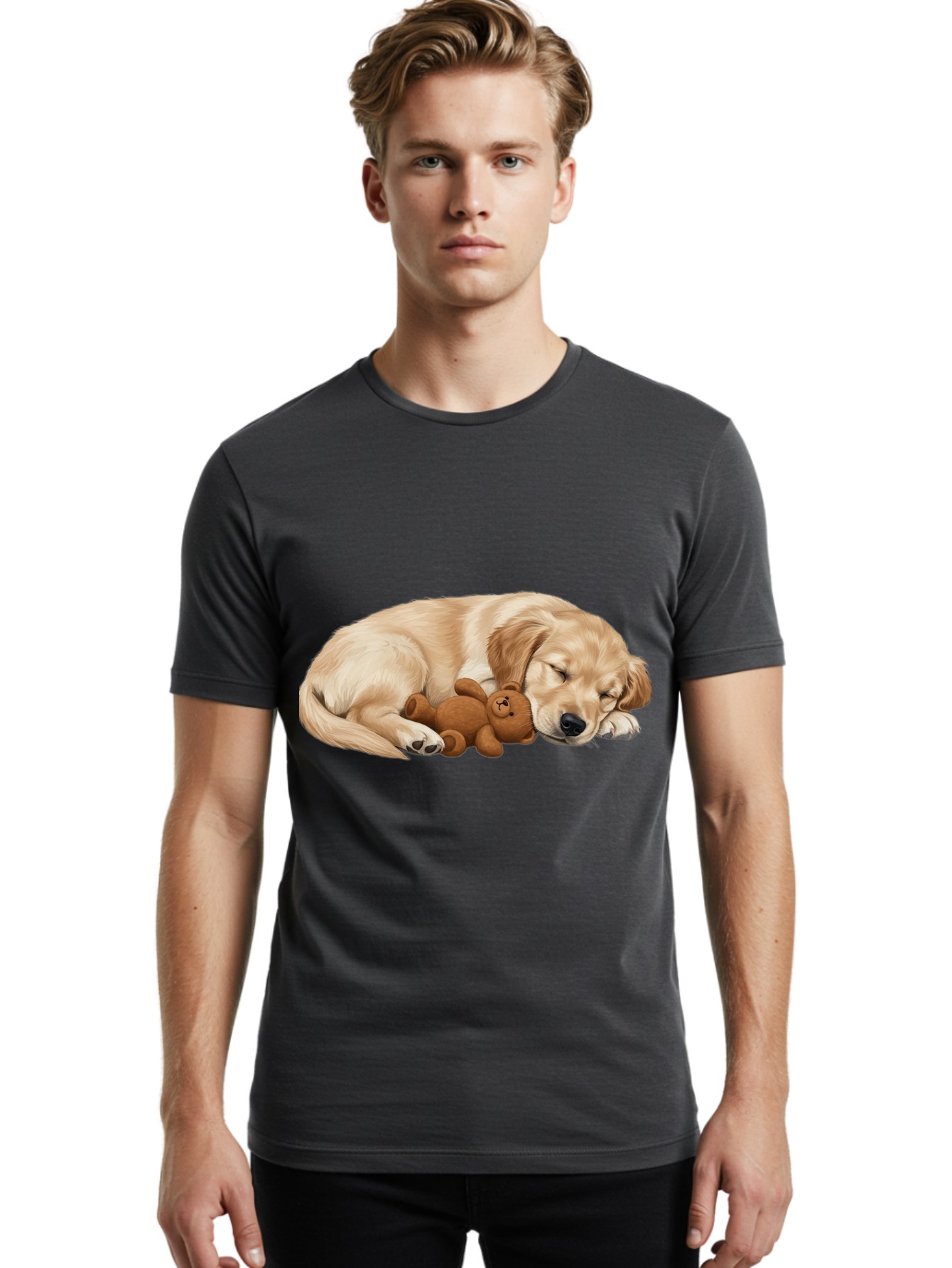 Sleeping-Golden-Retriever-1 Men'S Graphic Tee, 100% Cotton, Comfortable Casual Summer Wear, Machine Washable, Sleeping Golden Retriever, Cuddly Dog, Teddy Bear, Adorable Animal, Peaceful Slumber, Cute Companions, Loving Friendship, Bac412