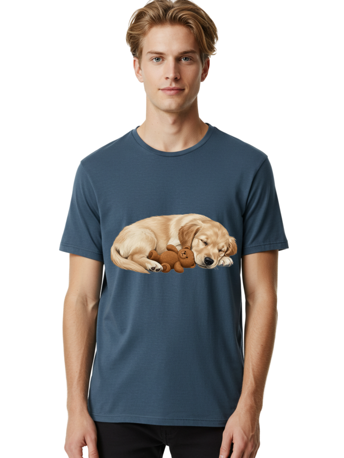 Sleeping-Golden-Retriever-1 Men'S Graphic Tee, 100% Cotton, Comfortable Casual Summer Wear, Machine Washable, Sleeping Golden Retriever, Cuddly Dog, Teddy Bear, Adorable Animal, Peaceful Slumber, Cute Companions, Loving Friendship, Bac412