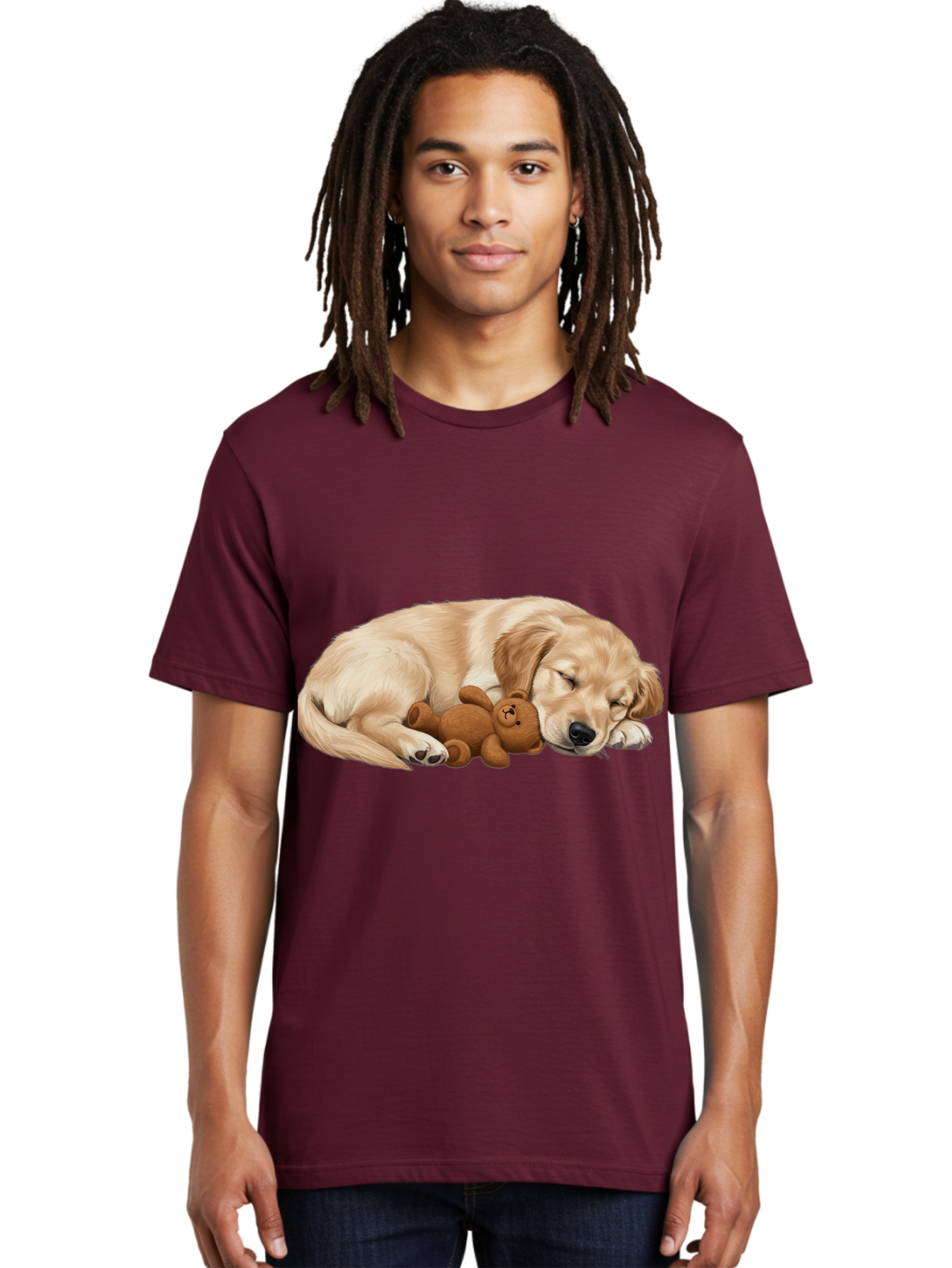 Sleeping-Golden-Retriever-1 Men'S Graphic Tee, 100% Cotton, Comfortable Casual Summer Wear, Machine Washable, Sleeping Golden Retriever, Cuddly Dog, Teddy Bear, Adorable Animal, Peaceful Slumber, Cute Companions, Loving Friendship, Bac412