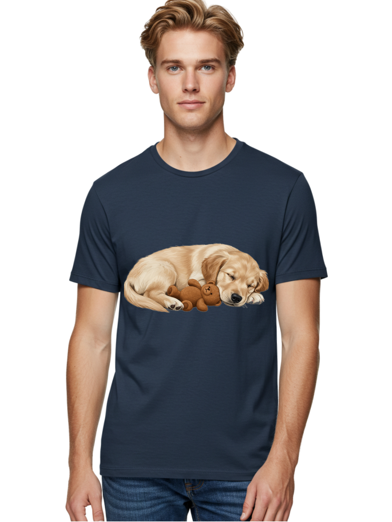 Sleeping-Golden-Retriever-1 Men'S Graphic Tee, 100% Cotton, Comfortable Casual Summer Wear, Machine Washable, Sleeping Golden Retriever, Cuddly Dog, Teddy Bear, Adorable Animal, Peaceful Slumber, Cute Companions, Loving Friendship, Bac412
