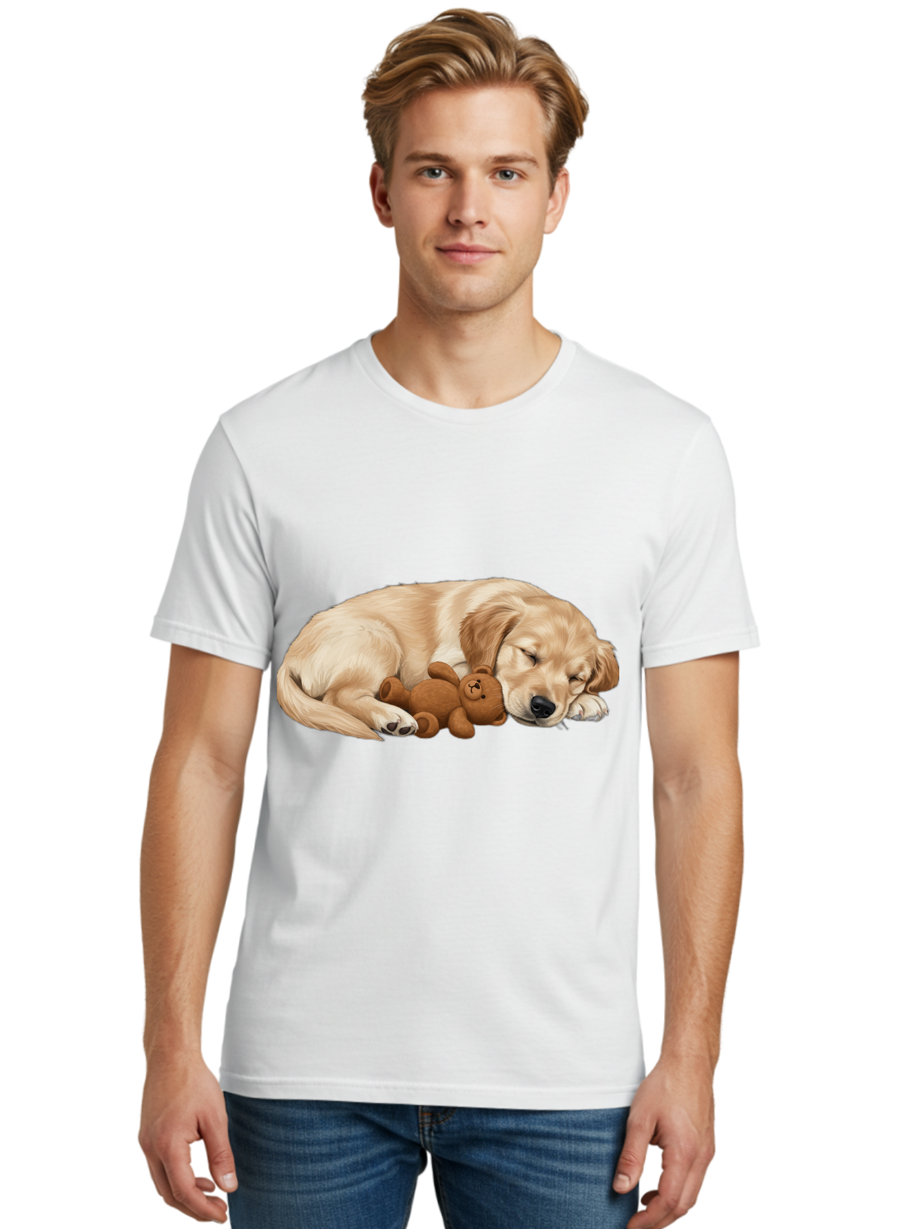 Sleeping-Golden-Retriever-1 Men'S Graphic Tee, 100% Cotton, Comfortable Casual Summer Wear, Machine Washable, Sleeping Golden Retriever, Cuddly Dog, Teddy Bear, Adorable Animal, Peaceful Slumber, Cute Companions, Loving Friendship, Bac412
